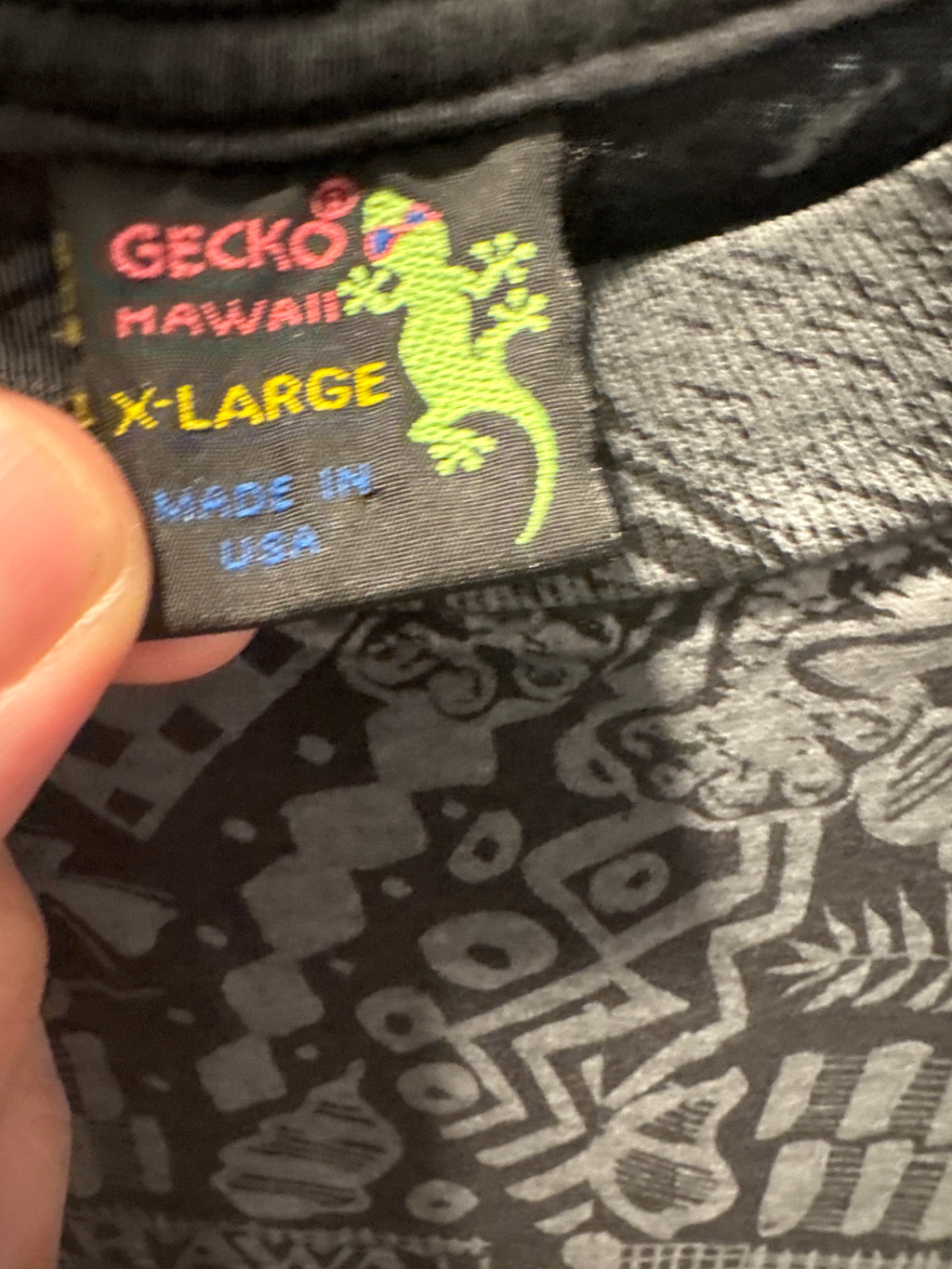 90s Gecko Hawaii AOP Black Grey XL T-Shirt Made in USA