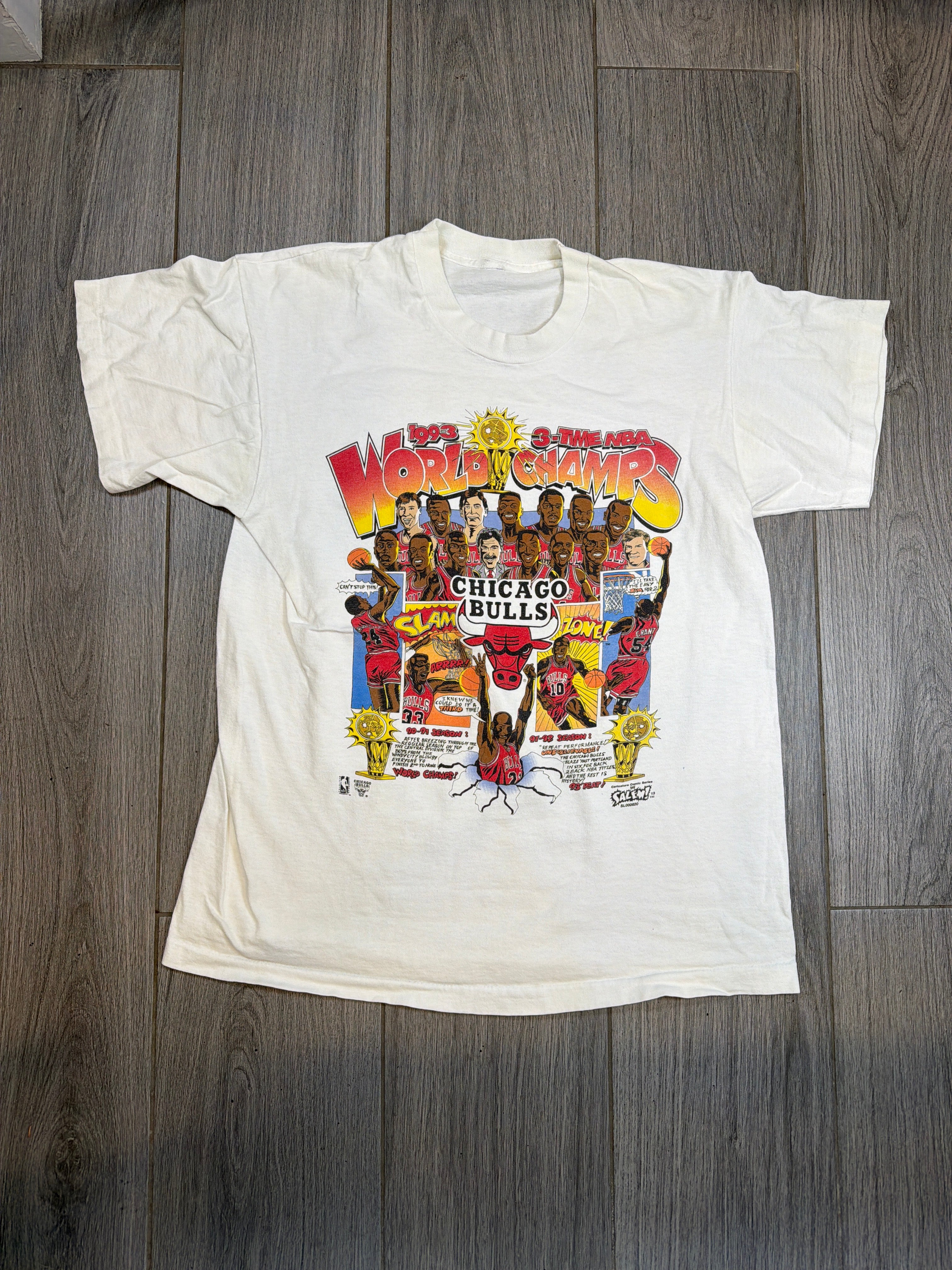 1993 Chicago Bulls 3 Time World Champs White T-Shirt Large