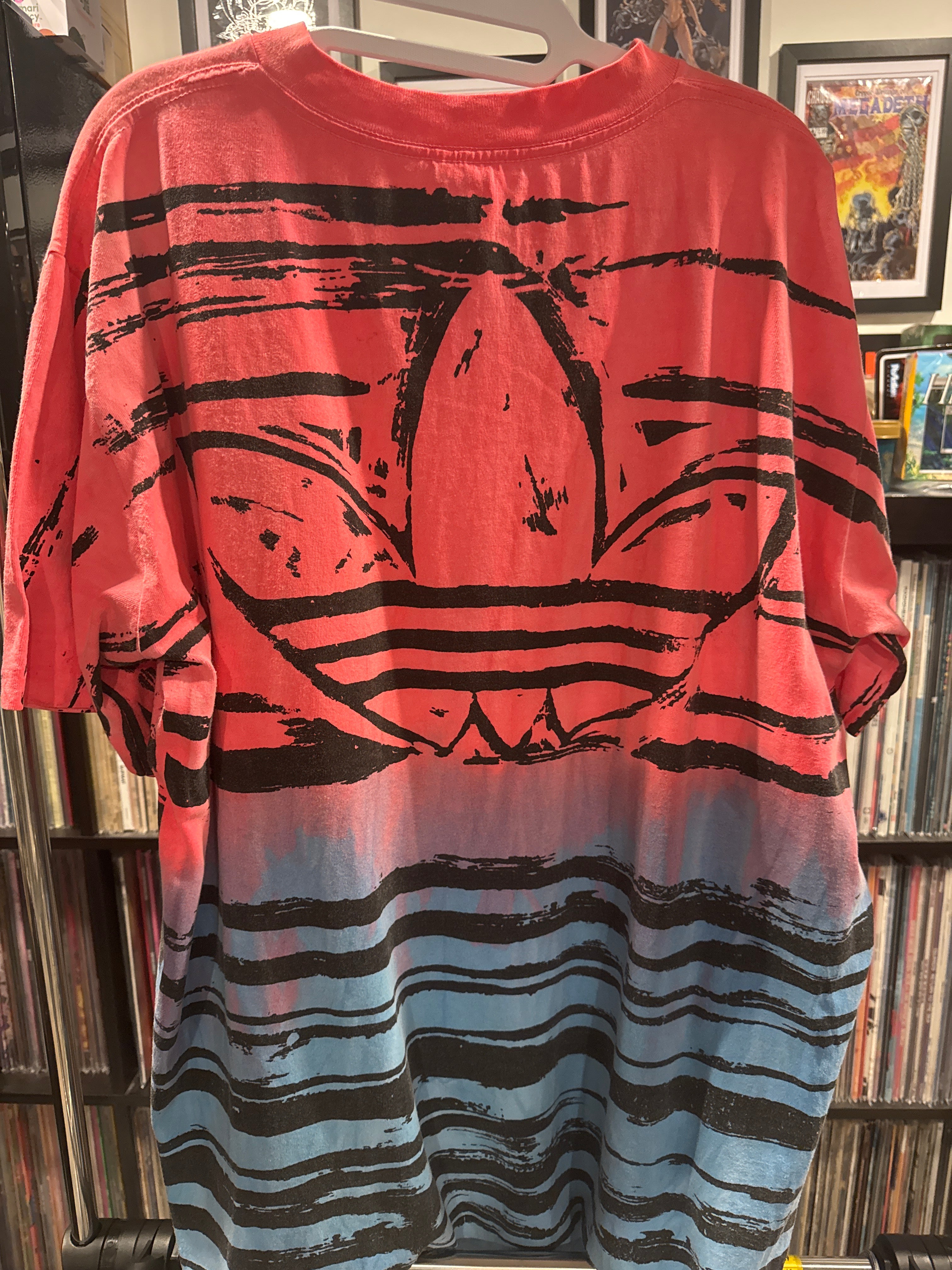 90s Adidas AOP Pink/Blue Single Stitch Made In USA T-SHIRT XL