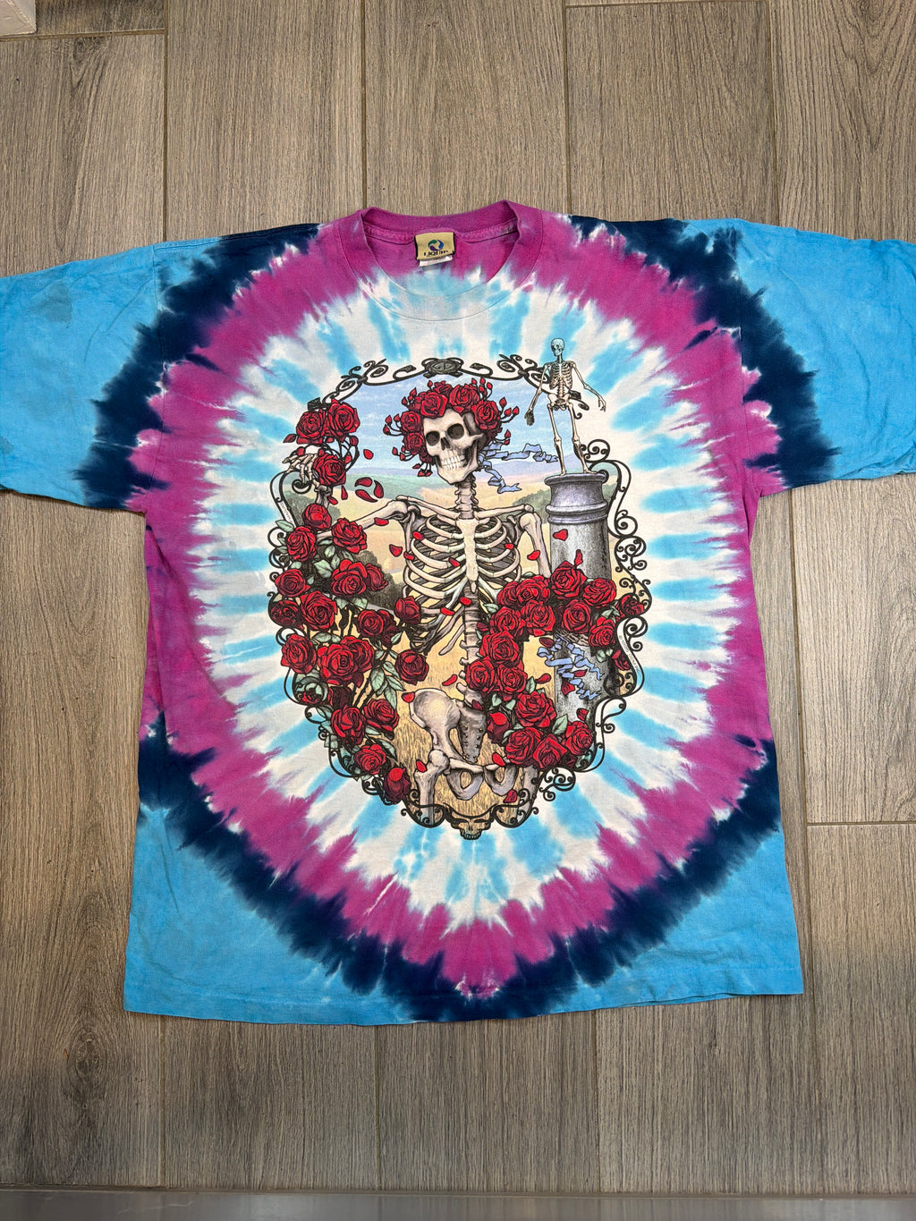 1995 Grateful Dead Skeleton Roses 30 Years Liquid Blue Tie Dye T-Shirt XL