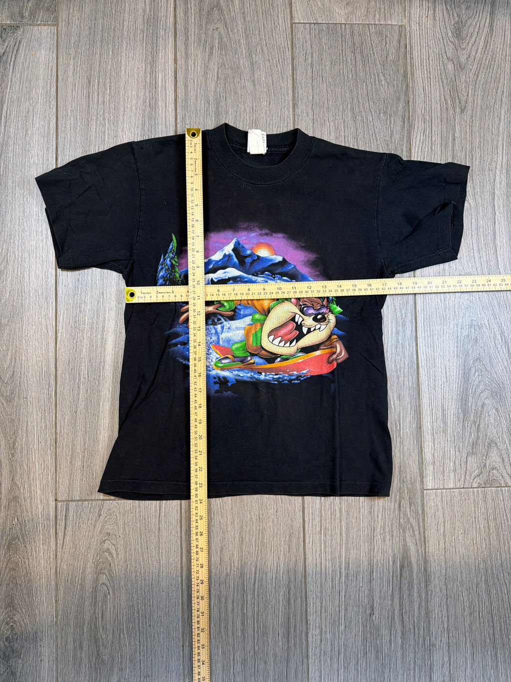 90s Snowboarding Taz Looney Tunes Ski Black T-Shirt Medium