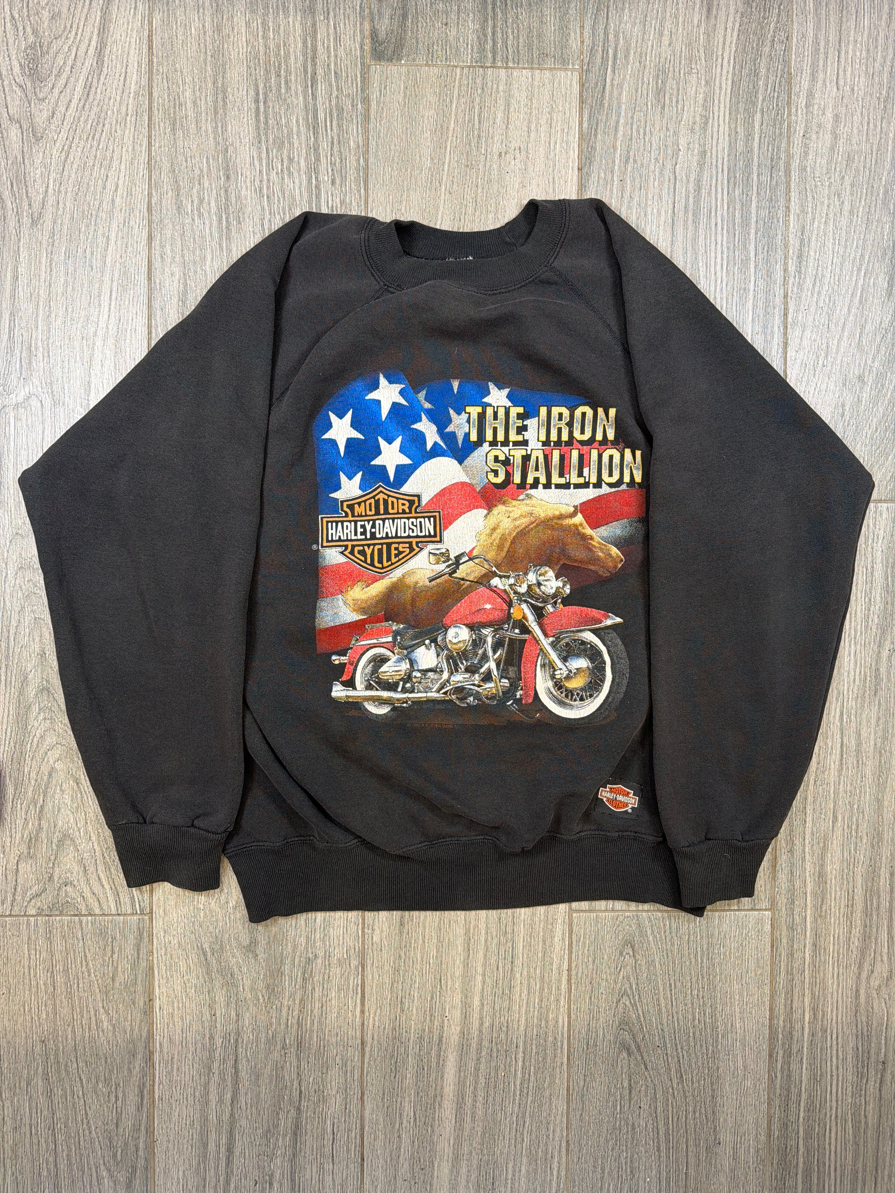 Harley Davidson „Iron Stallion“ 90er Jahre schwarzes Rundhals-Sweatshirt XL