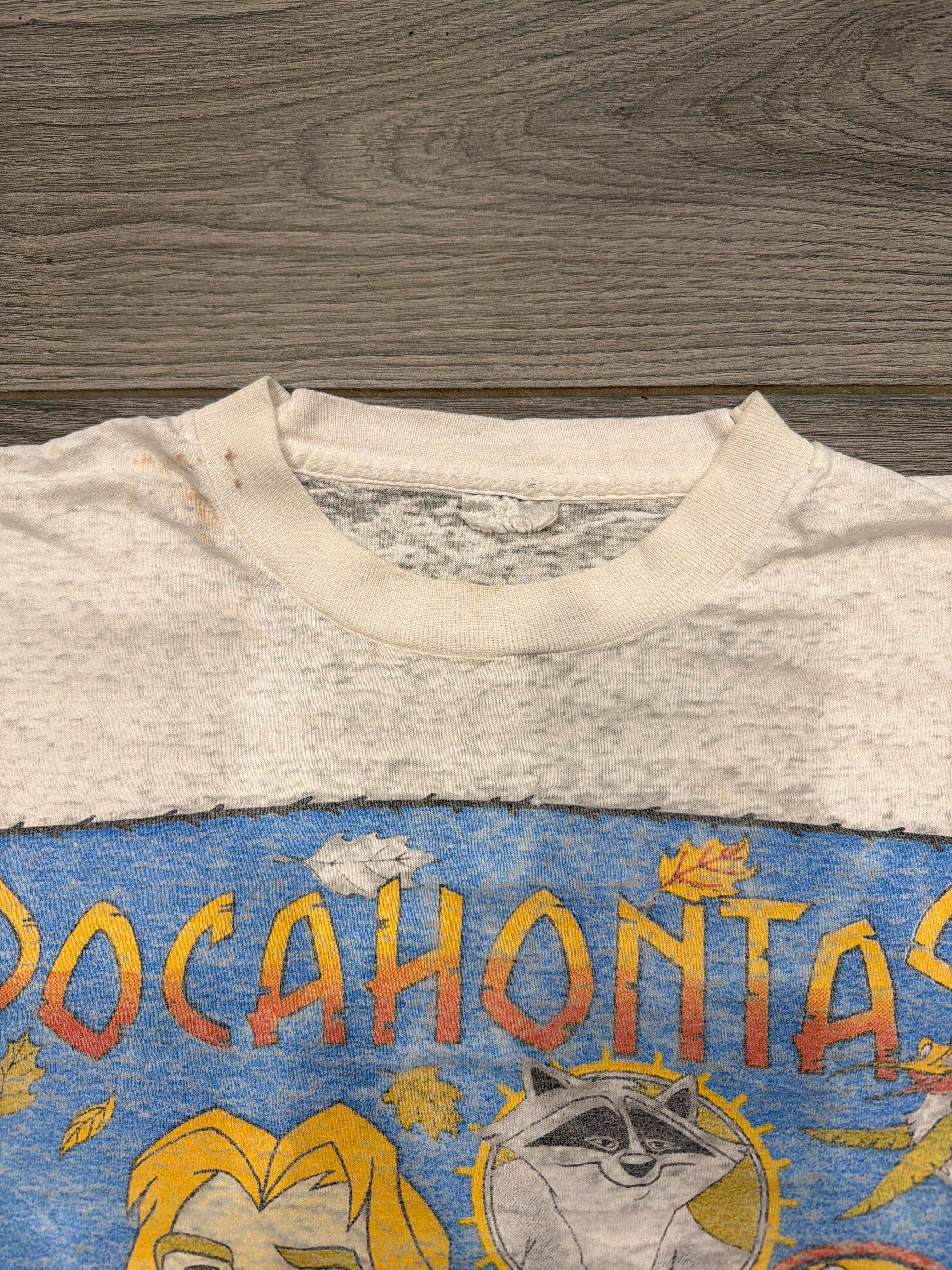 90s Pocahontas Disney Sheer White Distressed T-Shirt Wide Medium
