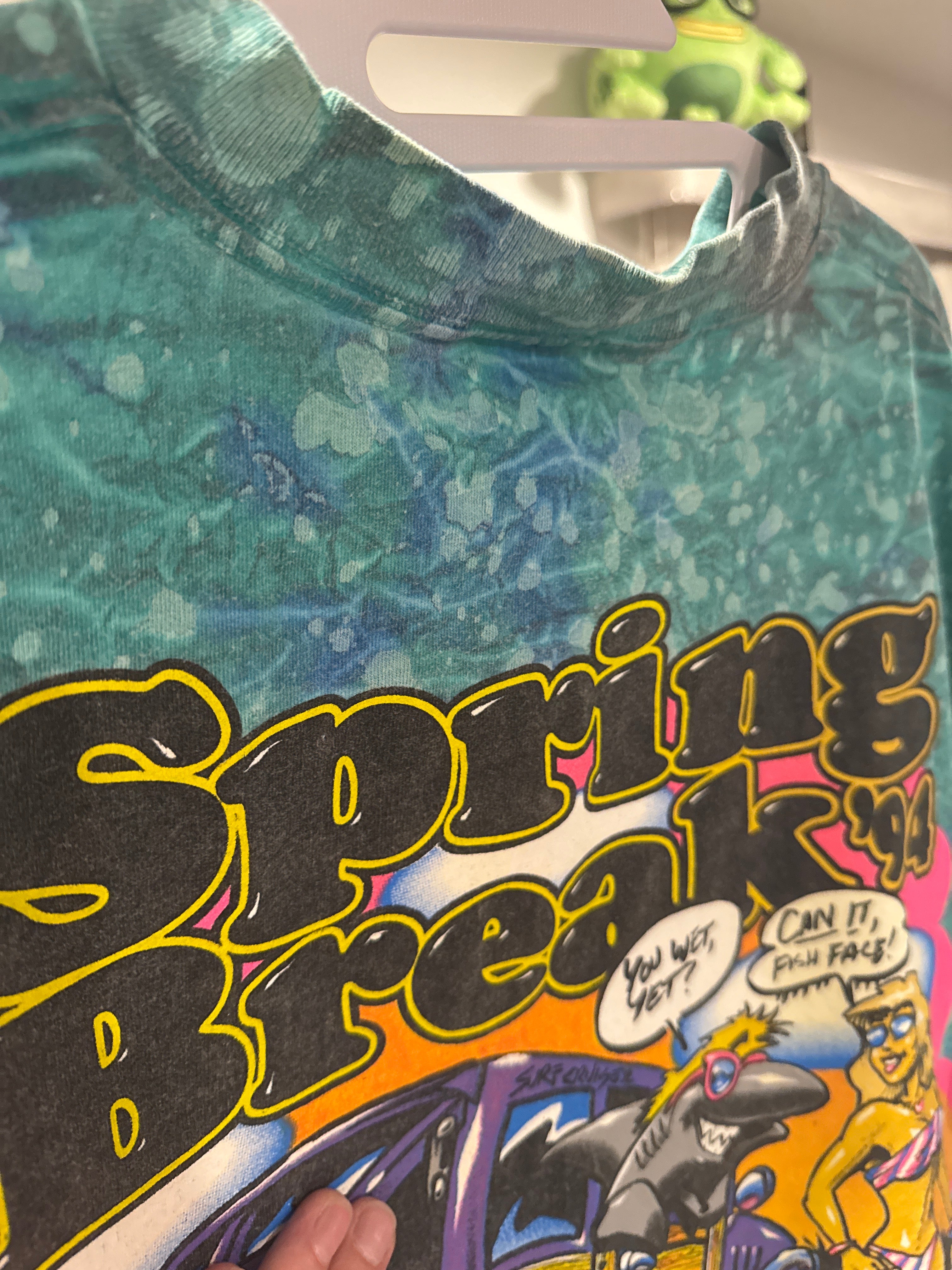 1993/4 Ron Jon Surf Spring Break Splatter Tie Dye Green Blue XL Oneita Comedy