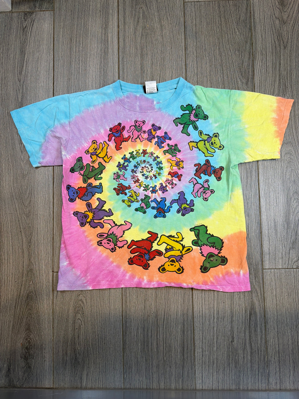 90s Grateful Dead Bear Spiral Tie Dye Liquid Blue T-Shirt Medium