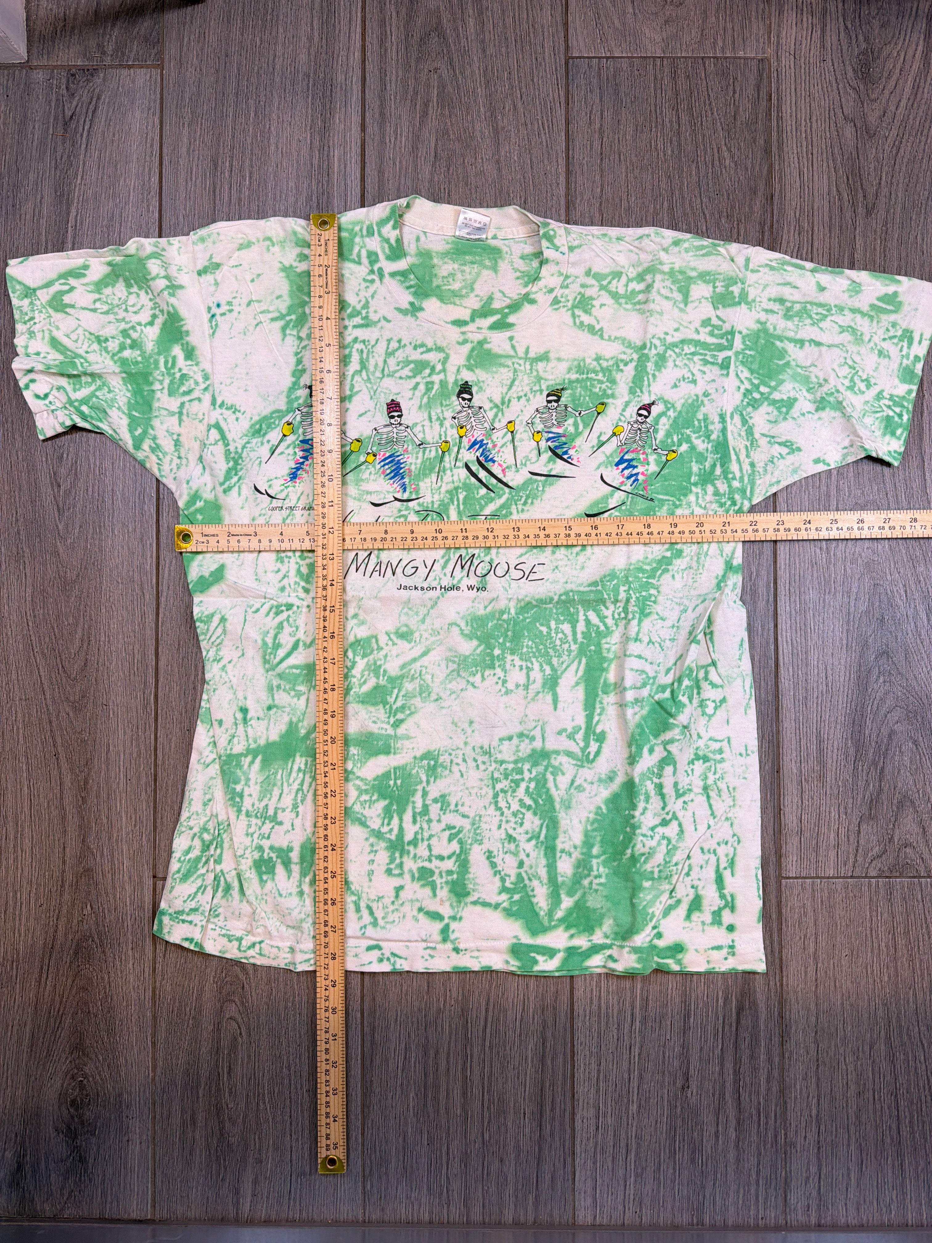90s Jackson Hole Jammin Mangy Moose Skeleton Ski Tie Dye Green T-Shirt Large