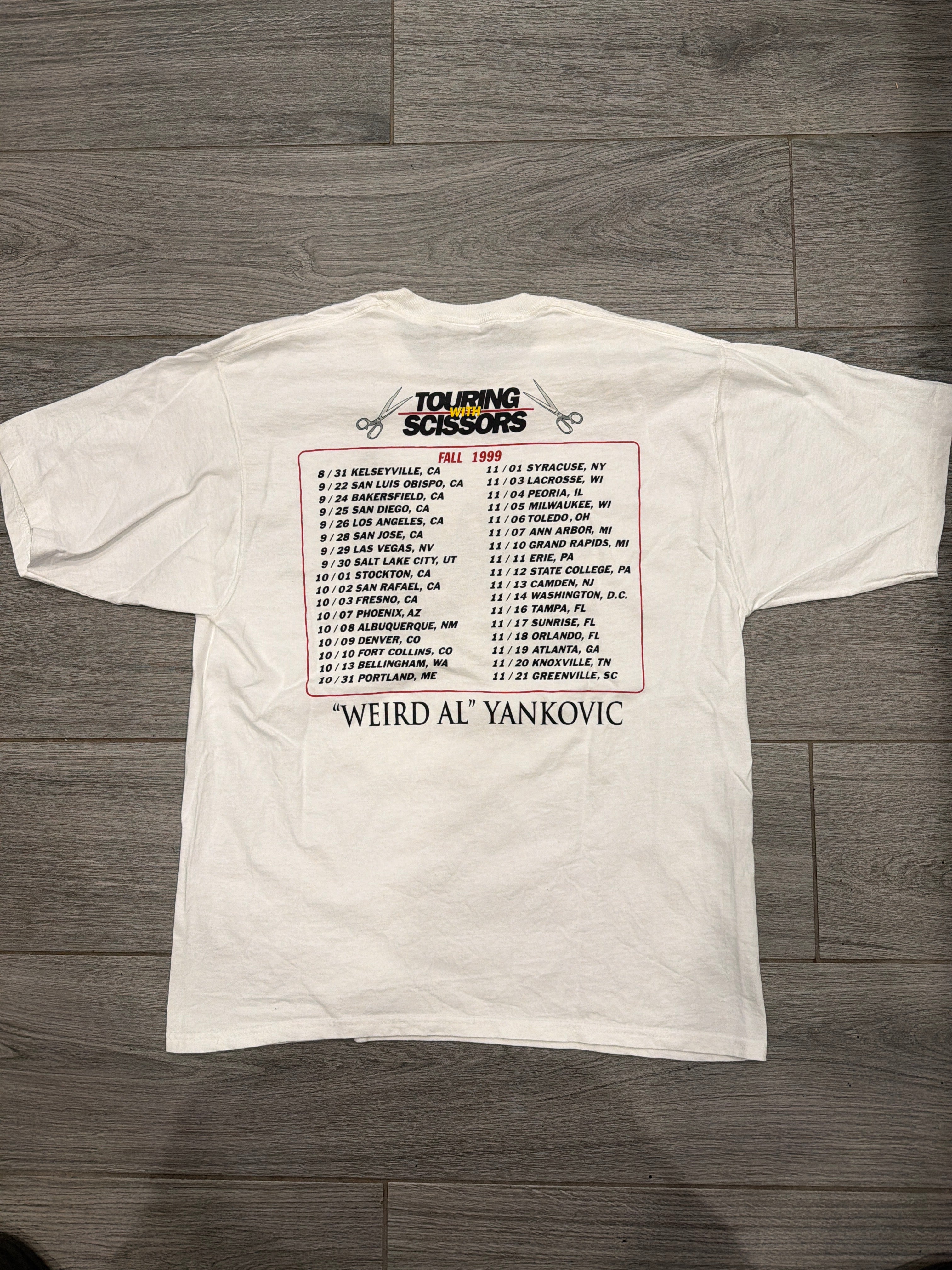 1999 Weird Al Running With Scissors Tour Double Sided Large White T-Shirt