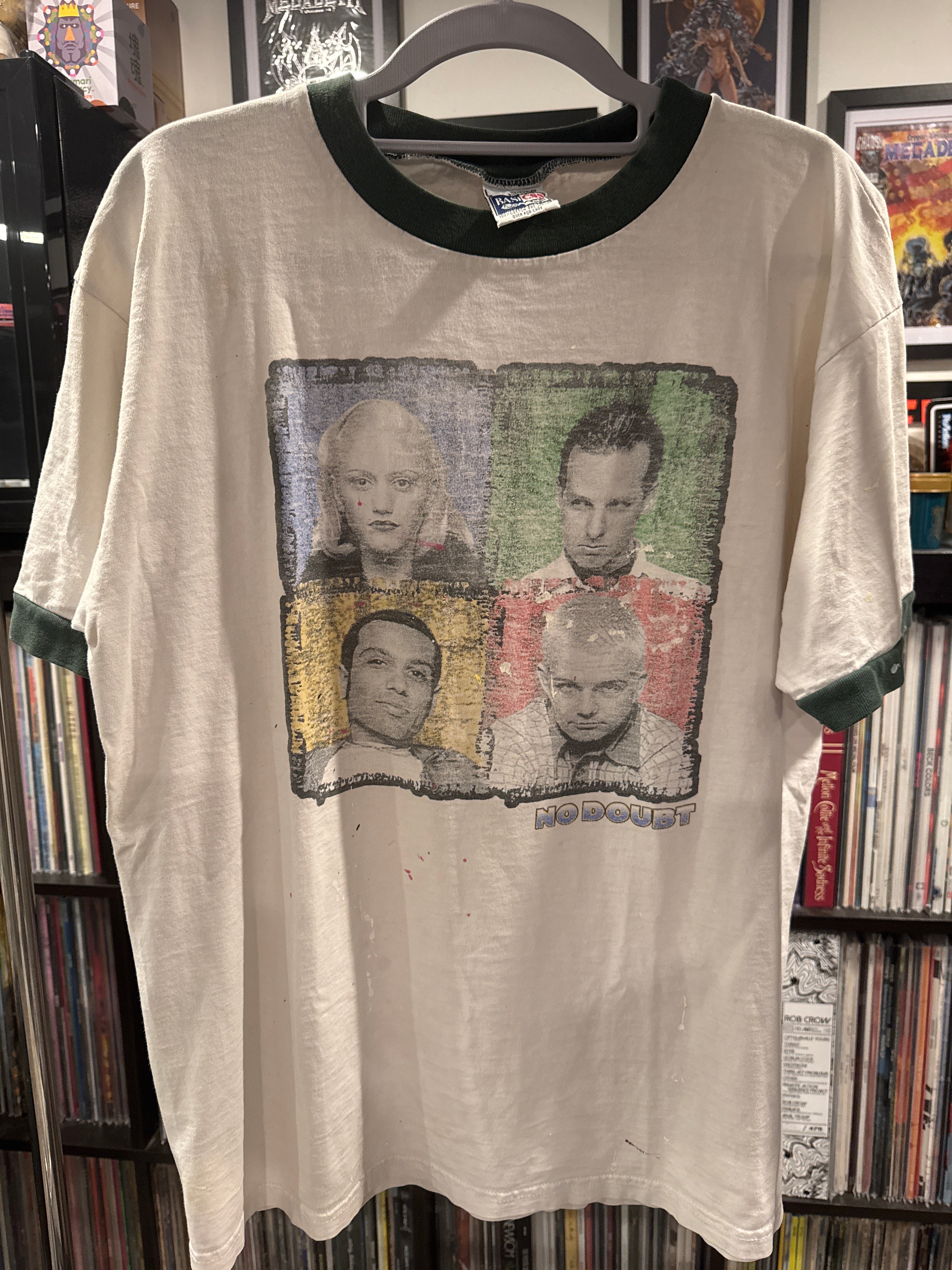 90s No Doubt Ringer Paint Splatter White/Green L T Shirt Basicss Gwen