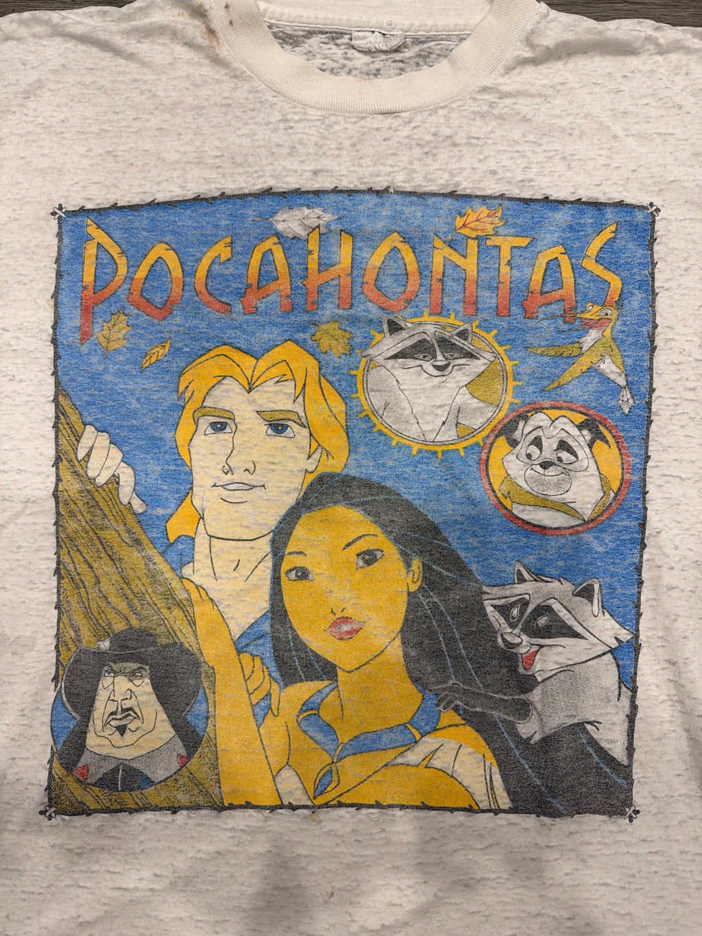 90s Pocahontas Disney Sheer White Distressed T-Shirt Wide Medium
