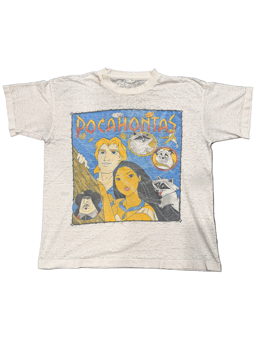 90s Pocahontas Disney Sheer White Distressed T-Shirt Wide Medium