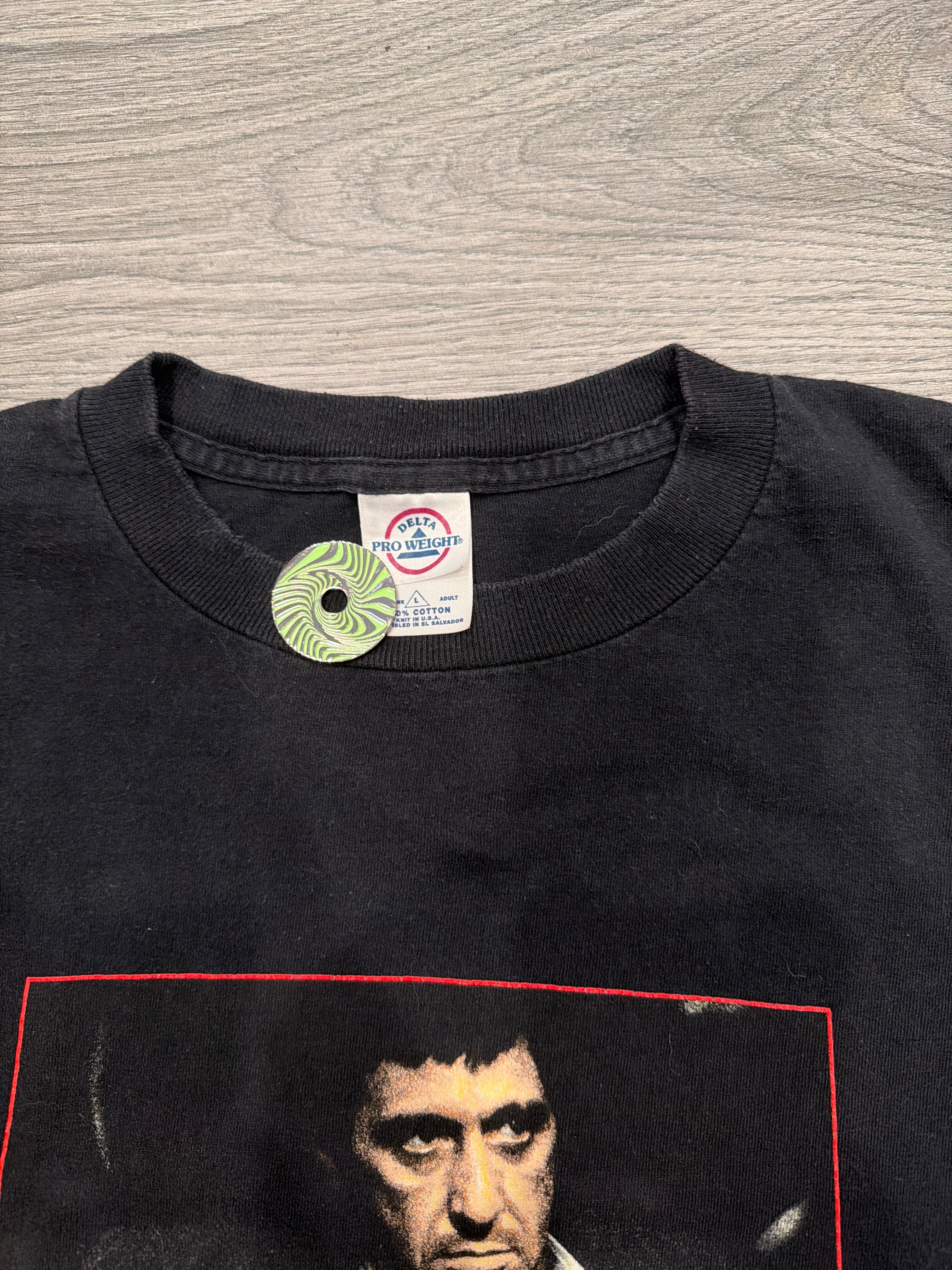 00s Mens Scarface Tony Montana Movie Promo Large T-Shirt Black Delta