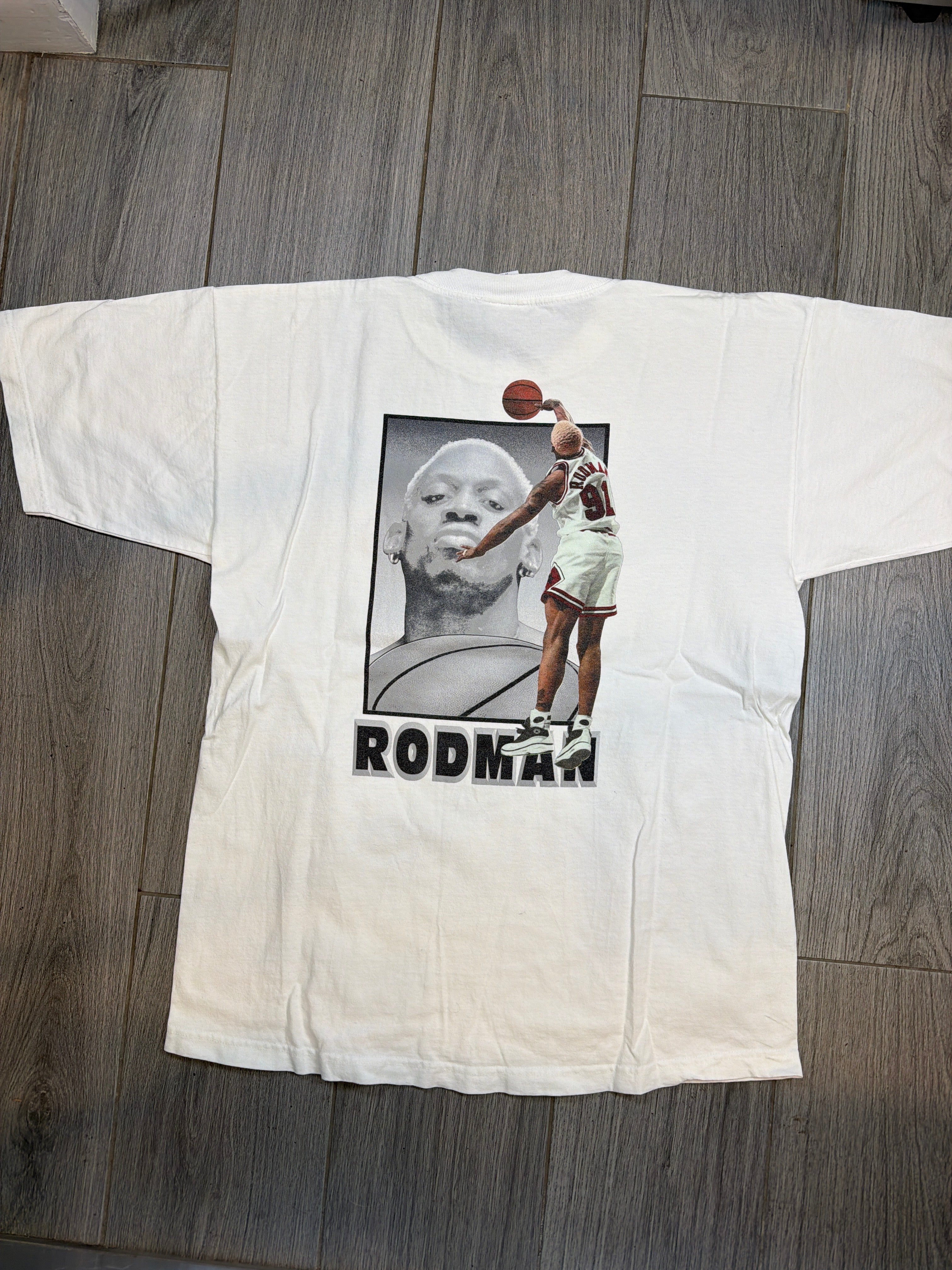 90s Dennis Rodman x Converse Chicago Bulls White T-Shirt Large