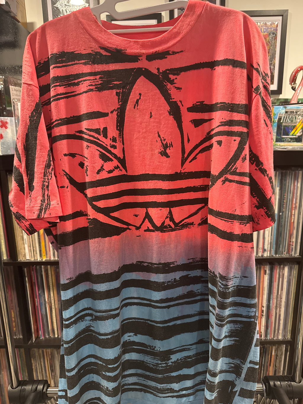 90s Adidas AOP Pink/Blue Single Stitch Made In USA T-SHIRT XL