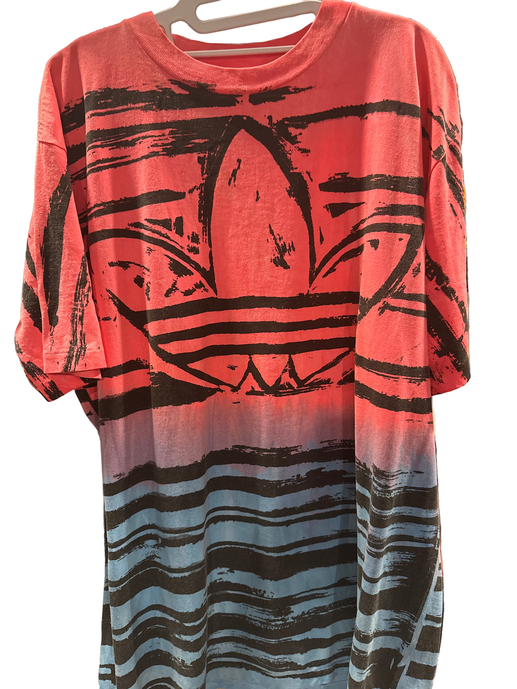 90s Adidas AOP Pink/Blue Single Stitch Made In USA T-SHIRT XL