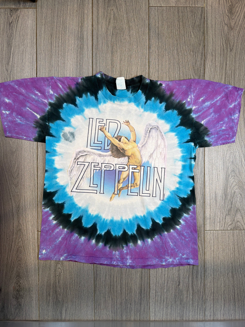 90s Led Zeppelin Icarus Tie Dye Purple Liquid Blue T-Shirt Large