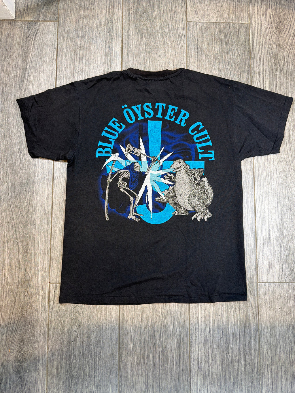 90s Blue Oyster Cult Godzilla Shirt Double Sided Black T-Shirt Large