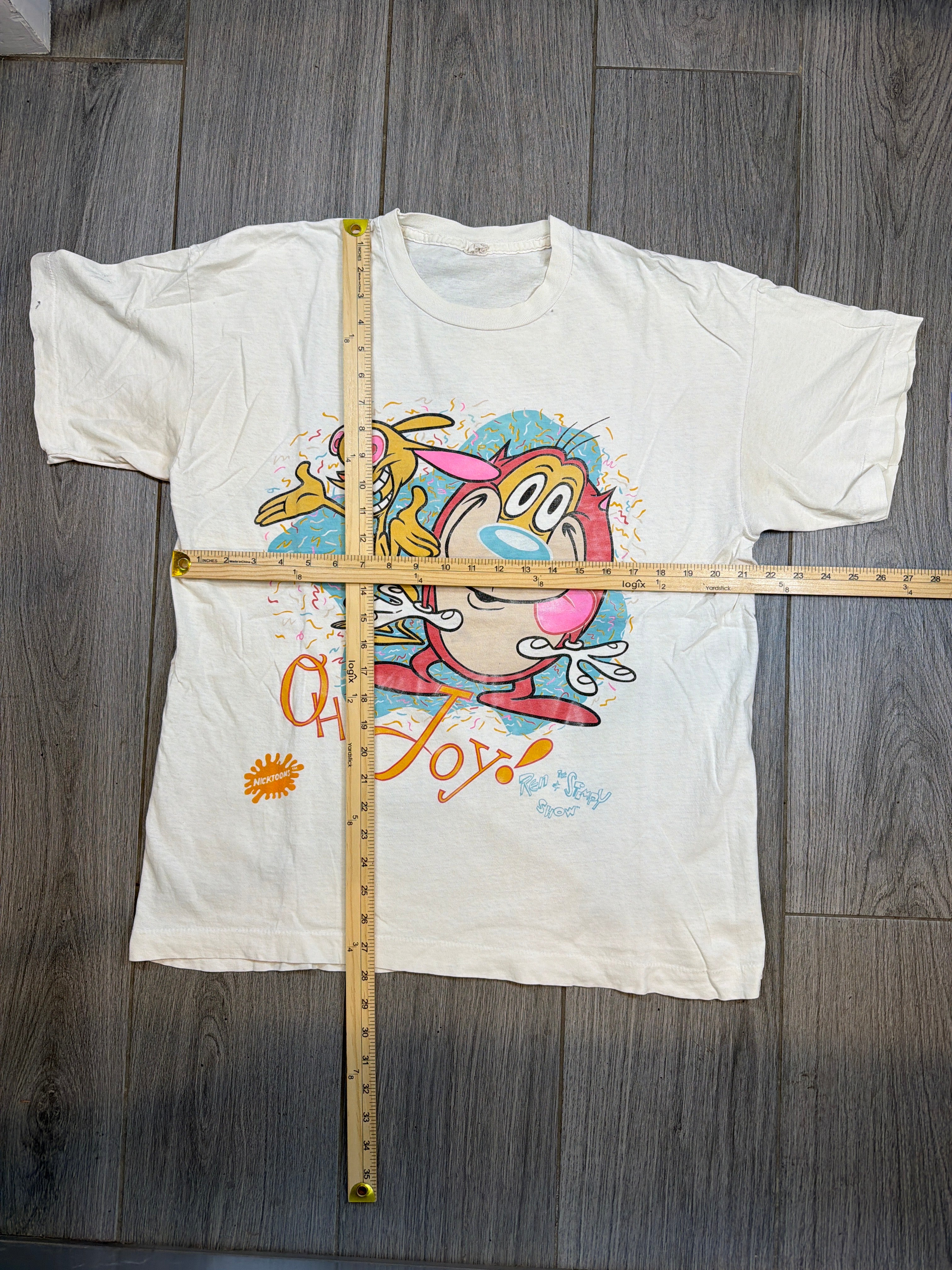 1991 Ren and Stimpy Oh Joy Nickelodeon White T-Shirt Large