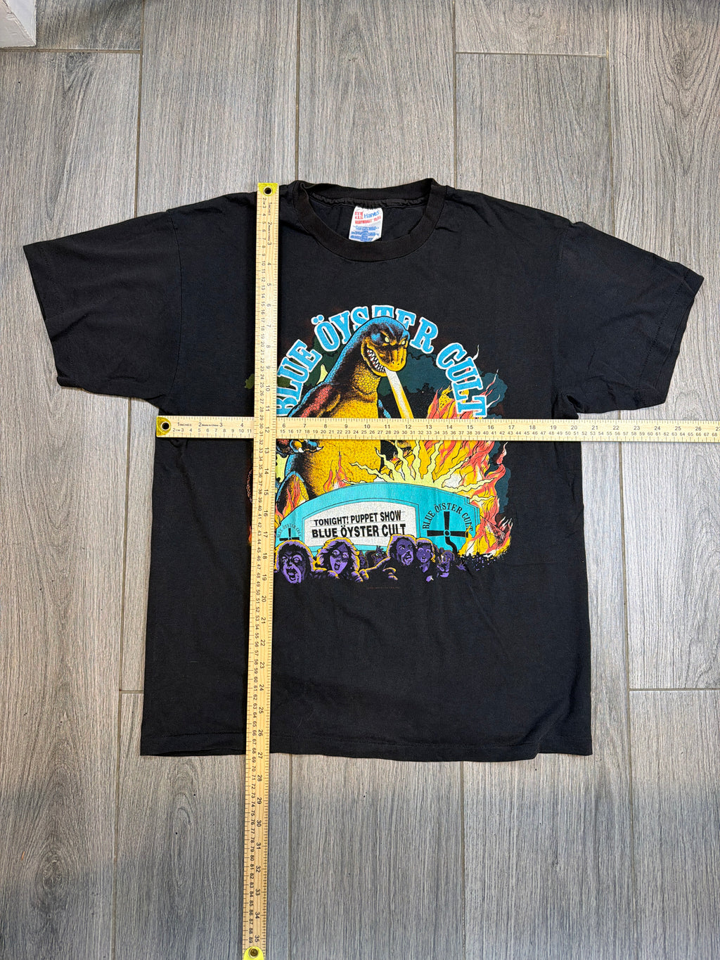 90s Blue Oyster Cult Godzilla Shirt Double Sided Black T-Shirt Large