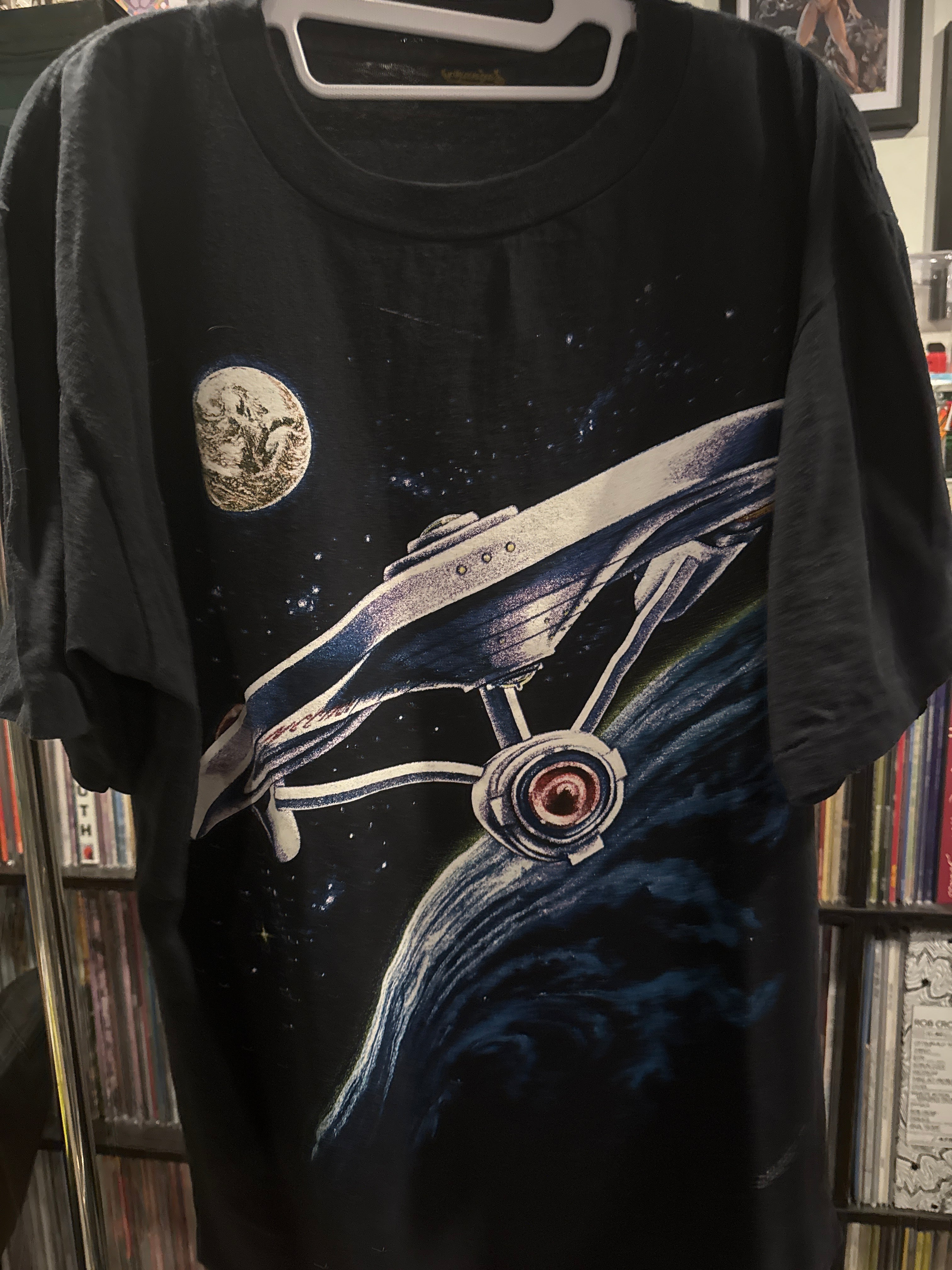 1991 Star Trek Space AOP Black T-Shirt XL Single Stitch Changes
