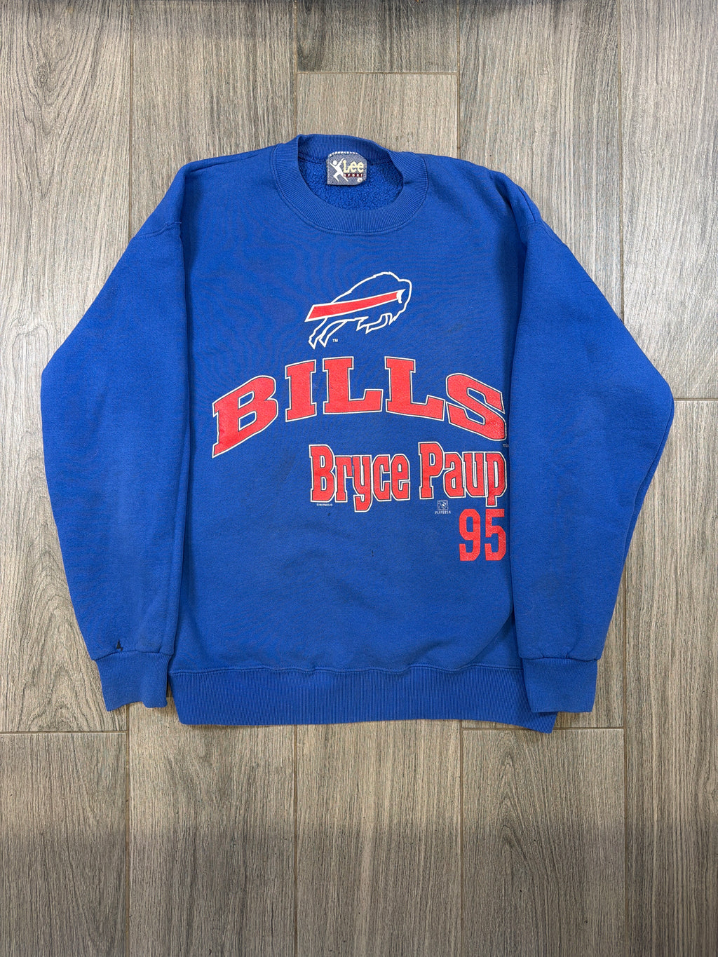 New York Bills Bryce Paup #55 NFL Football 90s Blue Crewneck Sweatshirt Large