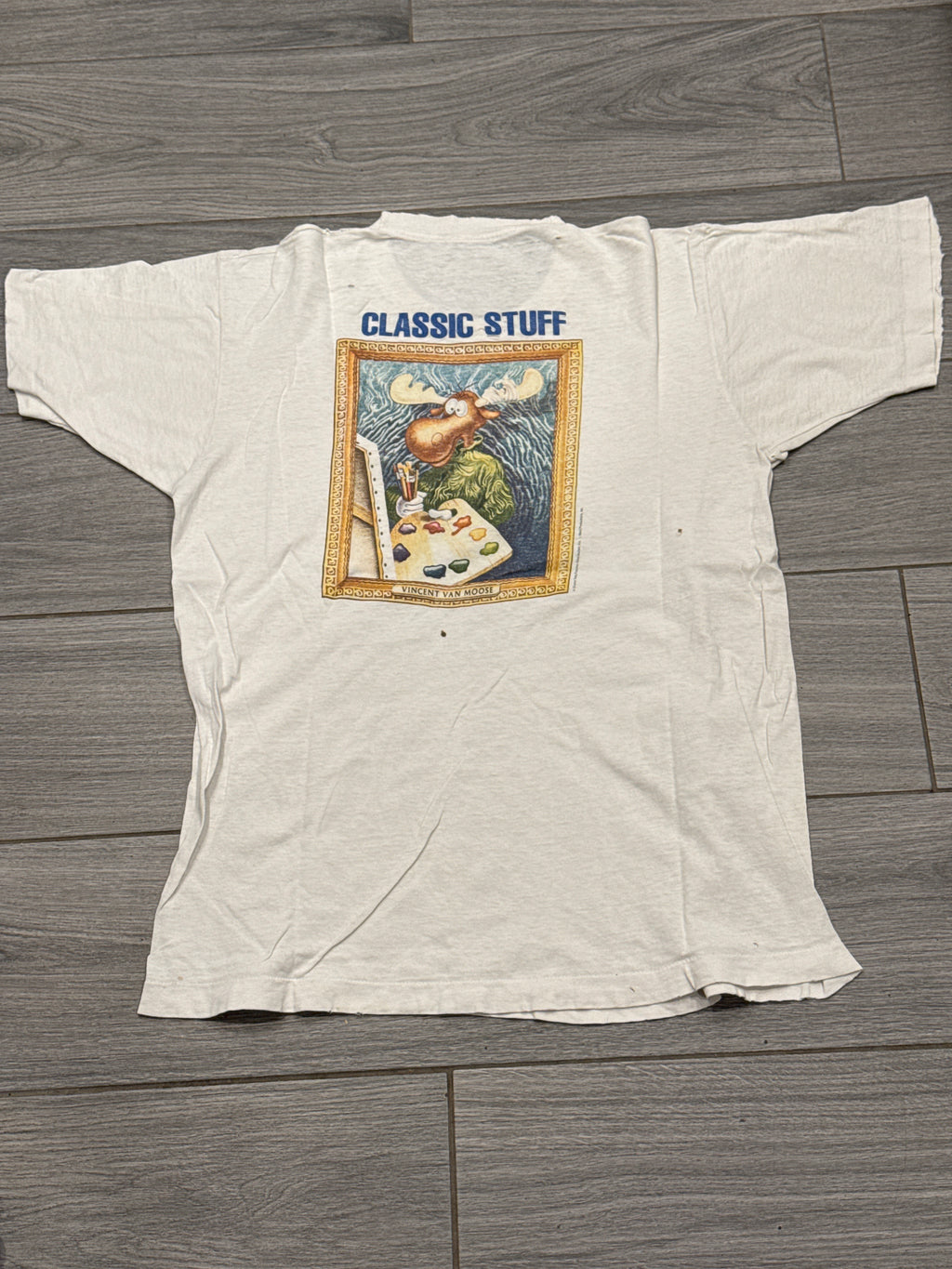 90s Rocky and Bullwinkle Classic Stuff Thrashed Painting White T-Shirt Large