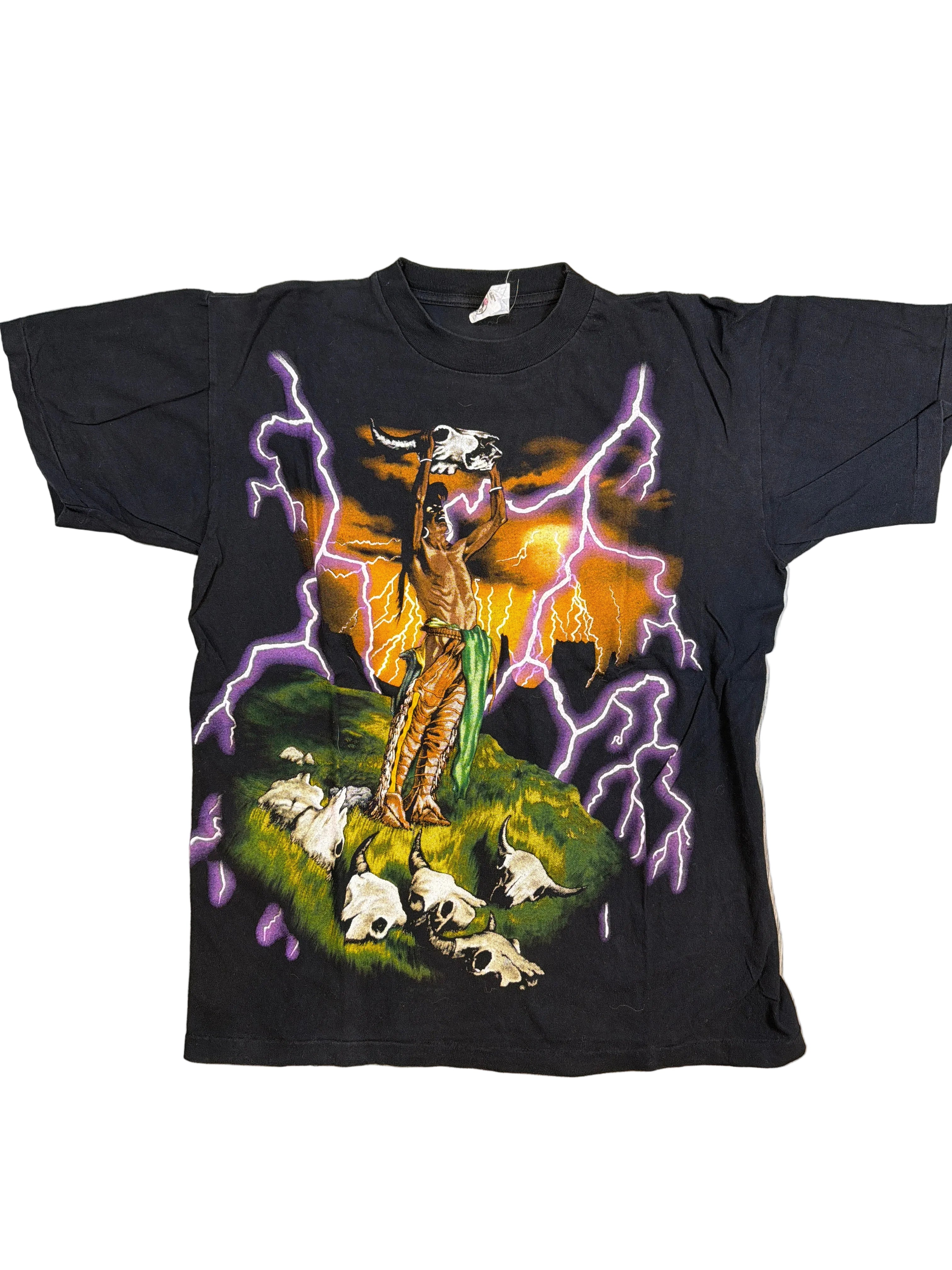 American Thunder Native Buffalo Skull 90er Jahre Schwarzes T-Shirt Groß