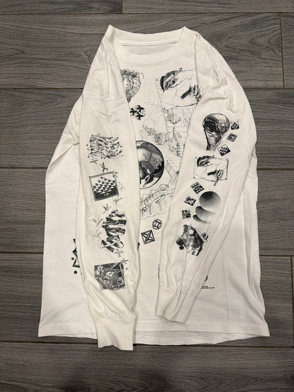 1991 MC Escher Art Vintage T-Shirt White Large Long Sleeve M.C.
