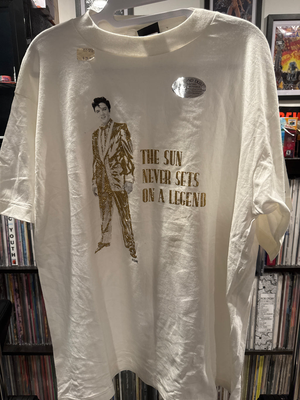 80s 90s Elvis Gold Glitter Diamond Dust Washable Dead Stock Single Stitched White