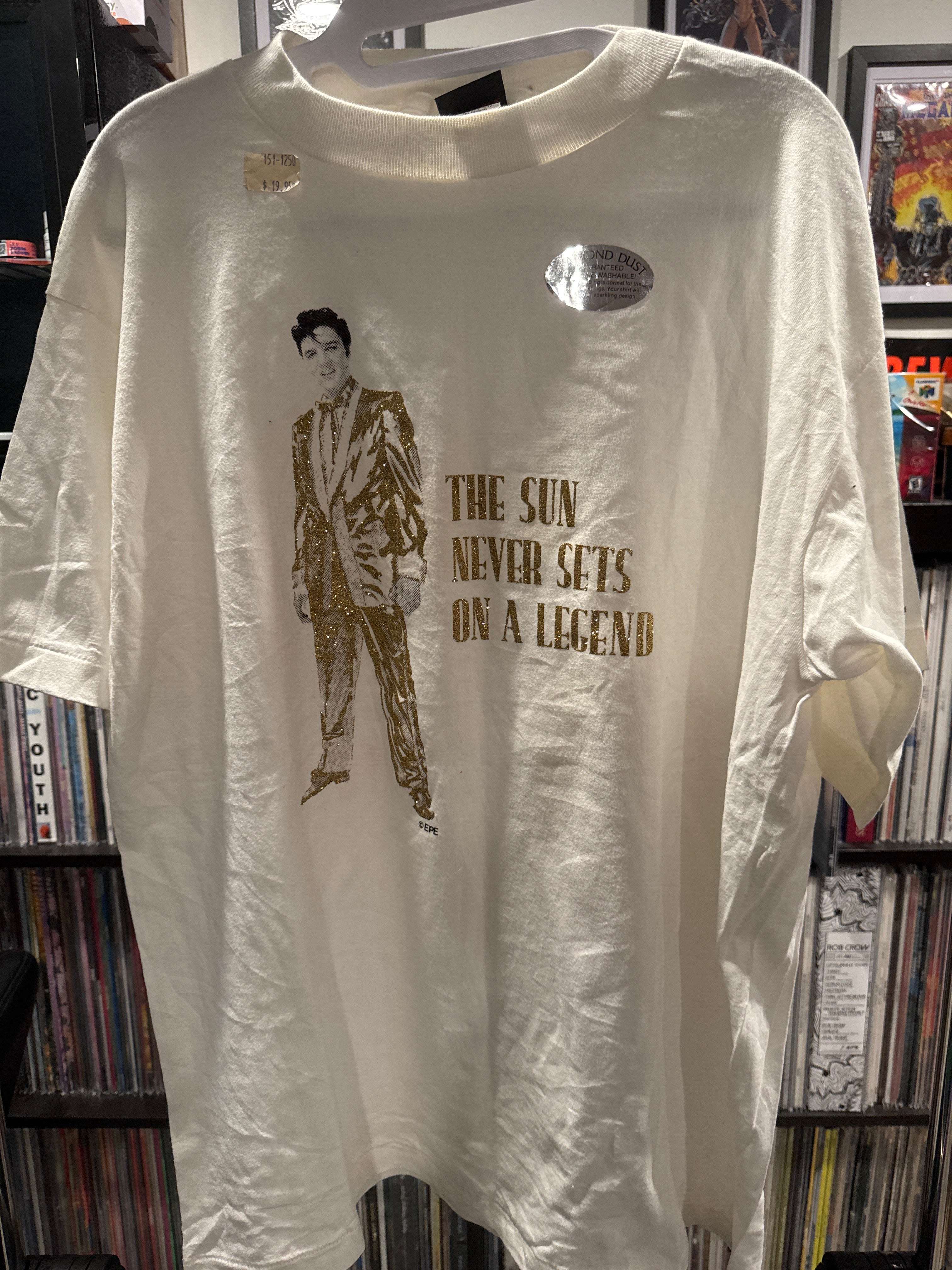 80s 90s Elvis Gold Glitter Diamond Dust Washable Dead Stock Single Stitched White