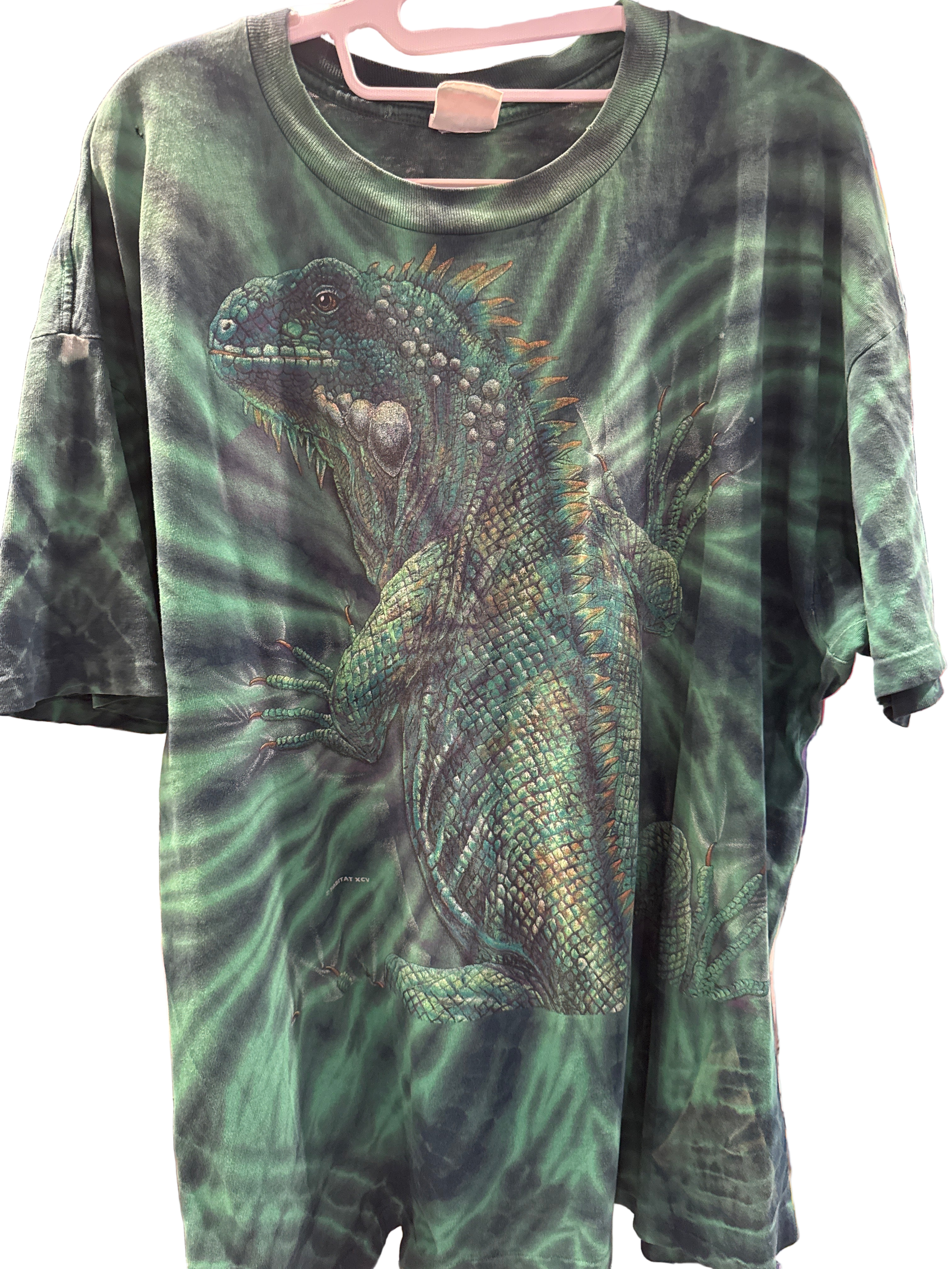 1995 Rainforest Cafe Iguana Tie Dye XXL Green Souvenir T-Shirt AOP