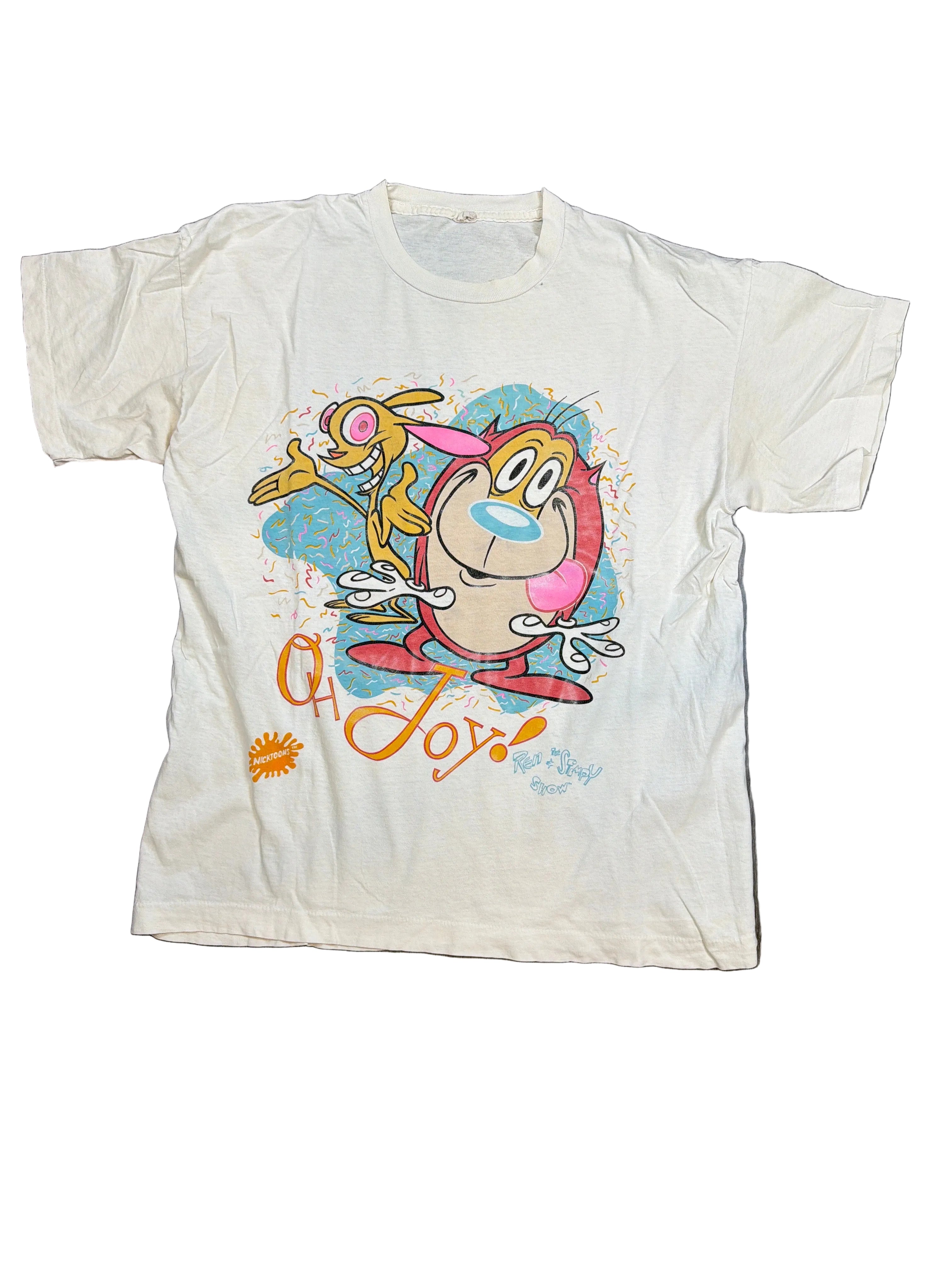 1991 Ren and Stimpy Oh Joy Nickelodeon White T-Shirt Large