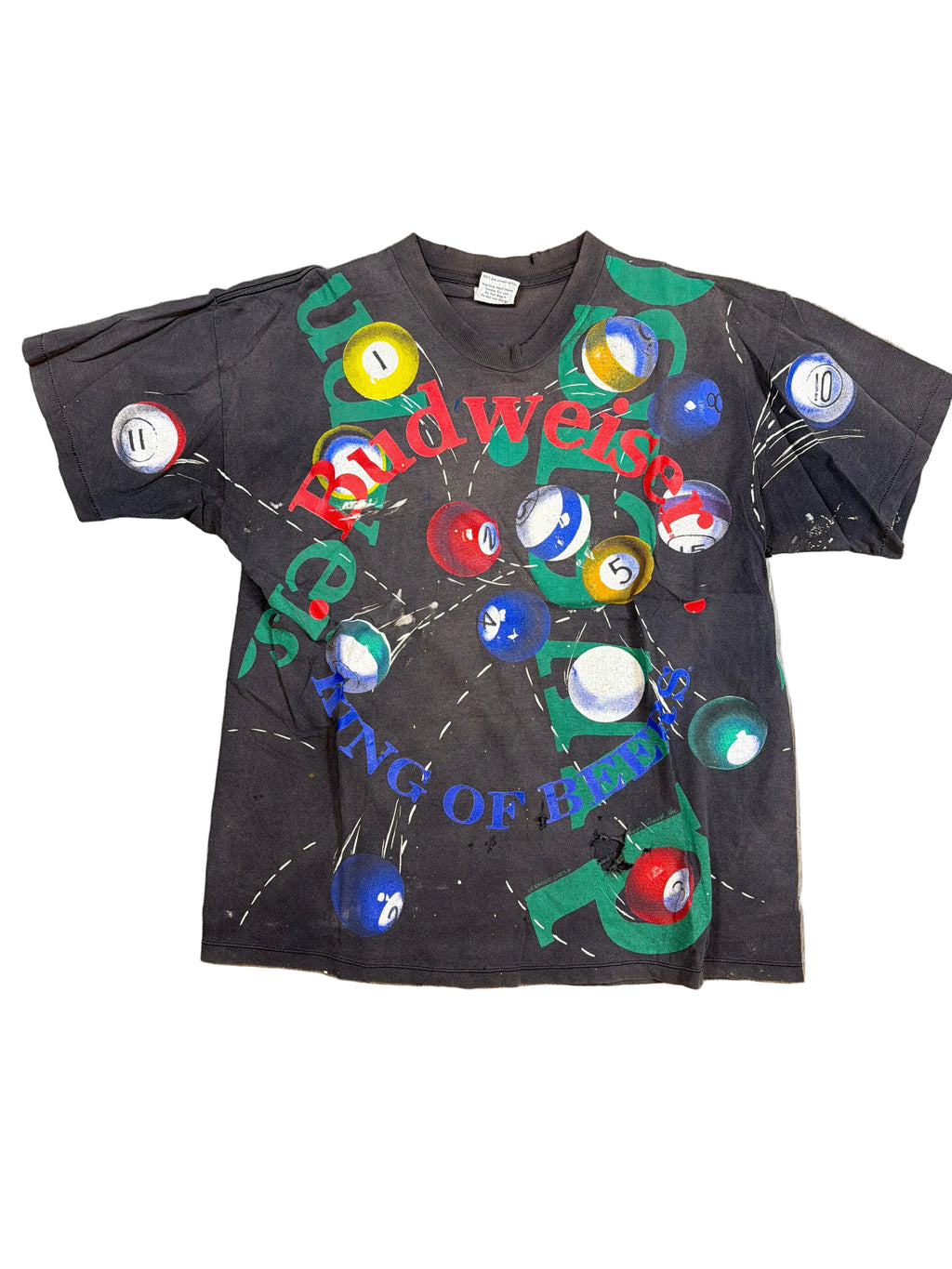 1992 Budweiser Pool Billiards Balls AOP Faded Thrashed Black T-Shirt XL