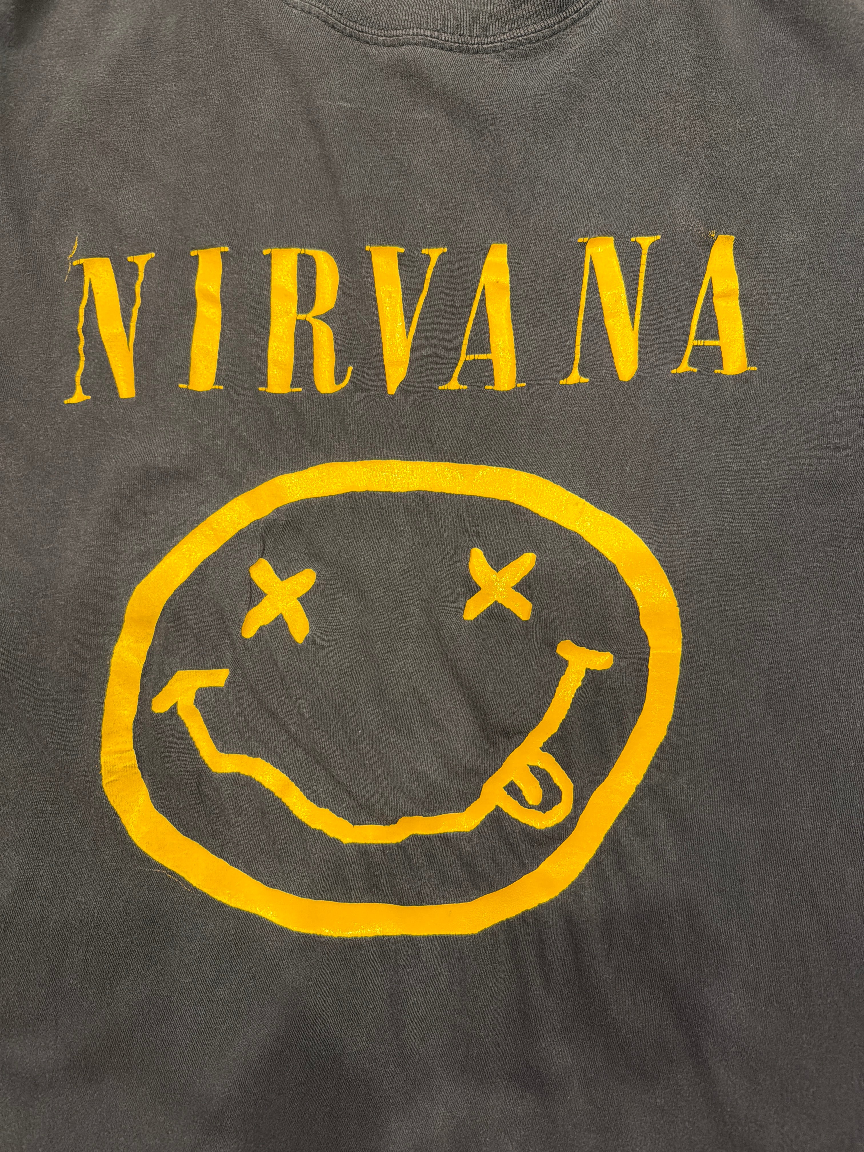1992 Nirvana Smiley Euro Kurt Cobain Grohl Black T-Shirt Medium