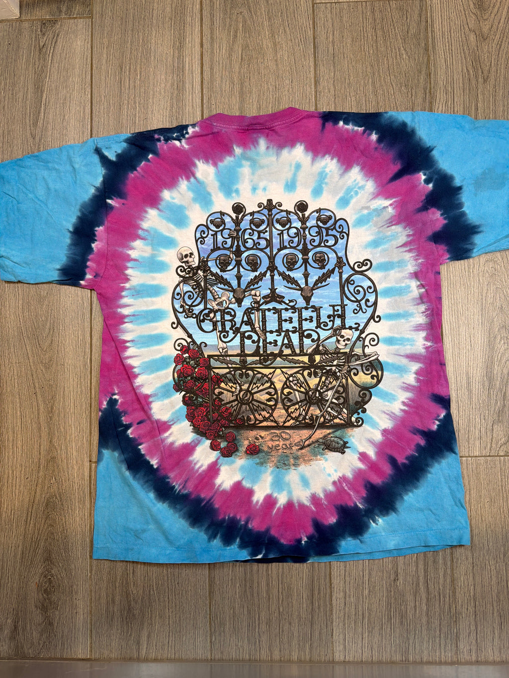 1995 Grateful Dead Skeleton Roses 30 Years Liquid Blue Tie Dye T-Shirt XL