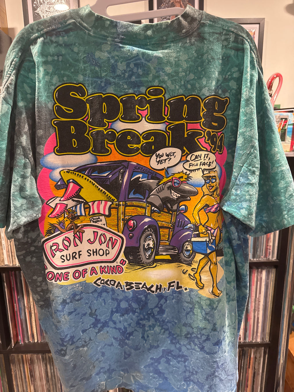 1993/4 Ron Jon Surf Spring Break Splatter Tie Dye Green Blue XL Oneita Comedy