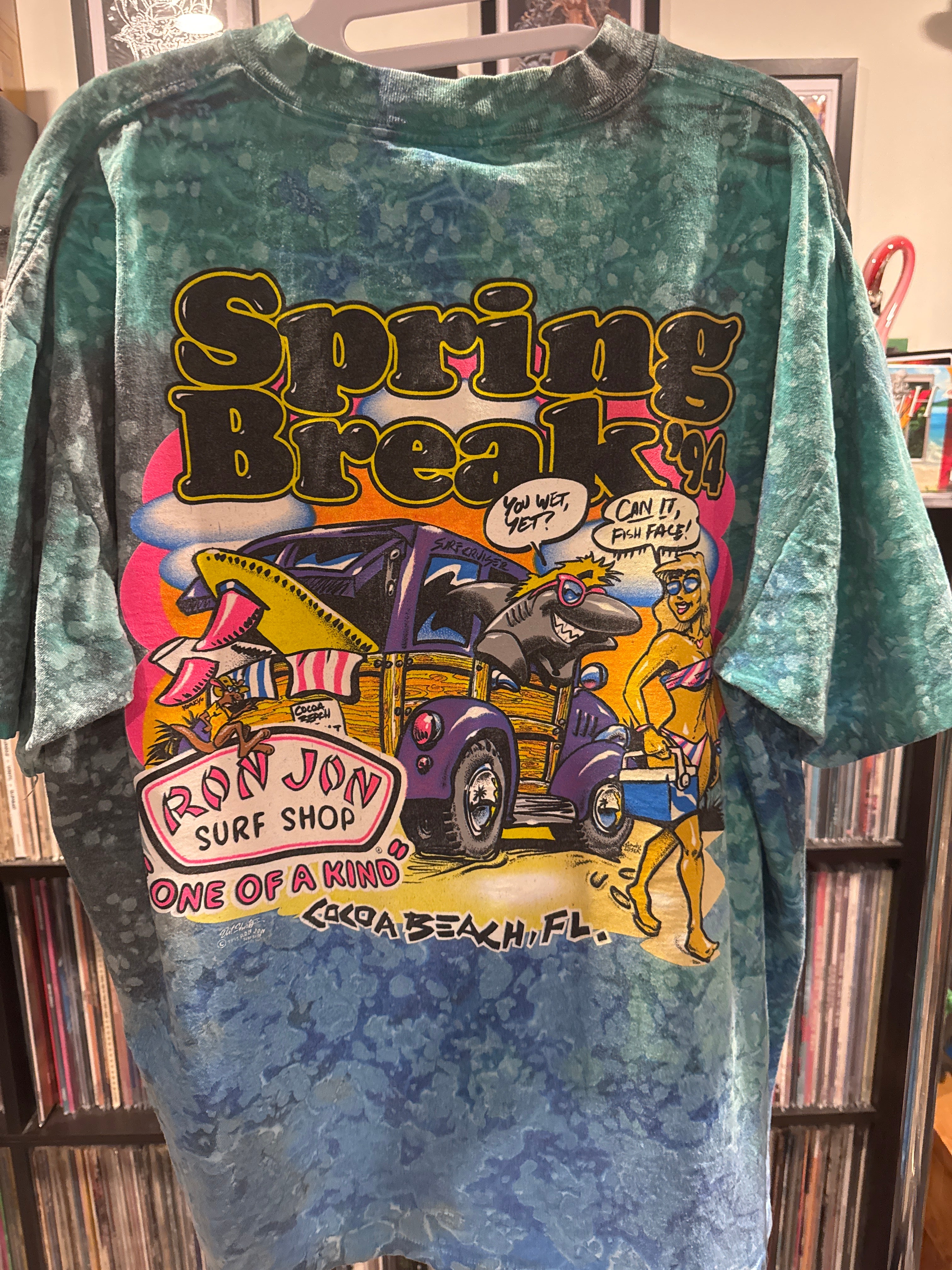 1993/4 Ron Jon Surf Spring Break Splatter Tie Dye Green Blue XL Oneita Comedy