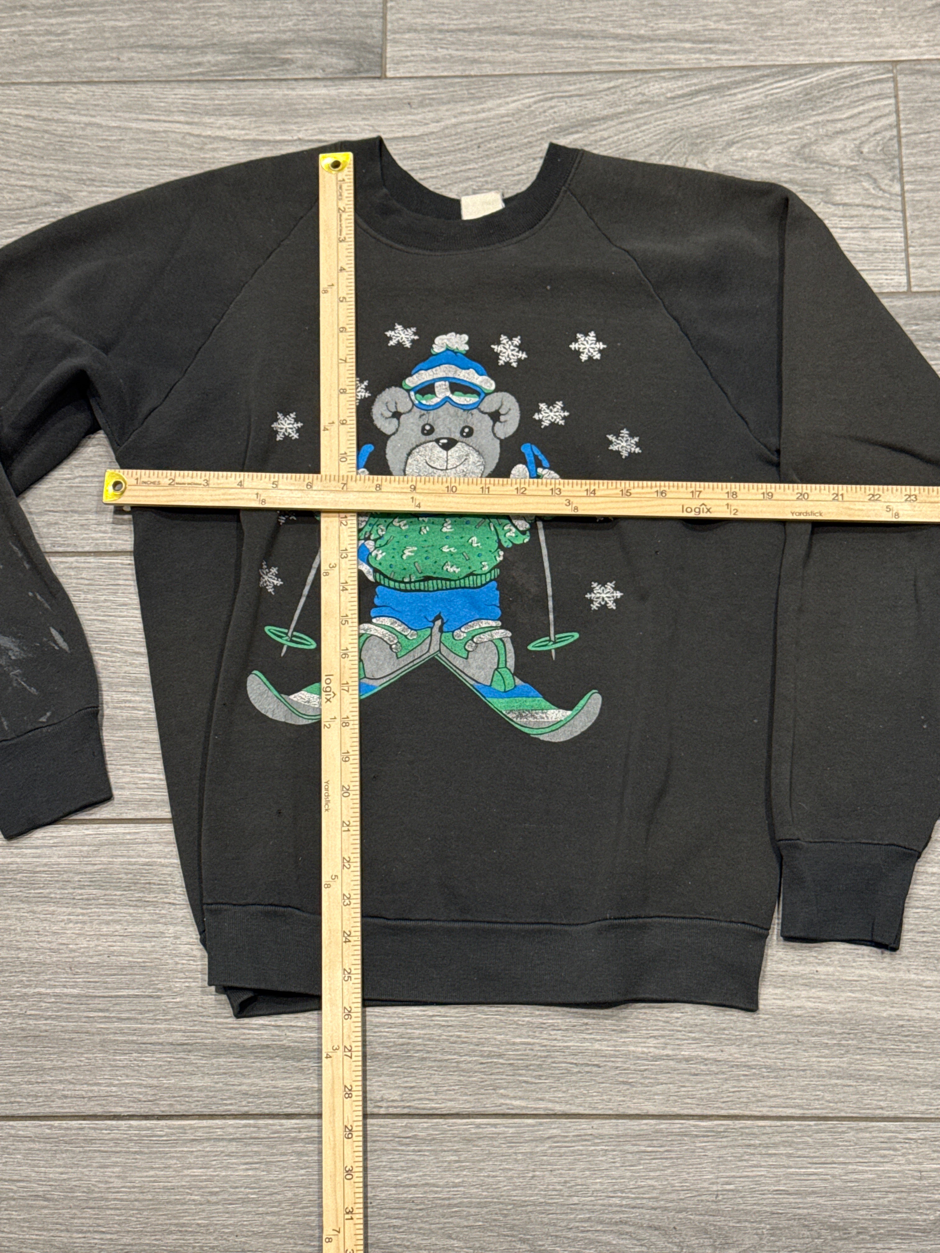 90s Thrashed Teddy Bear Ski Black Crew Neck Sweatshirt Medium