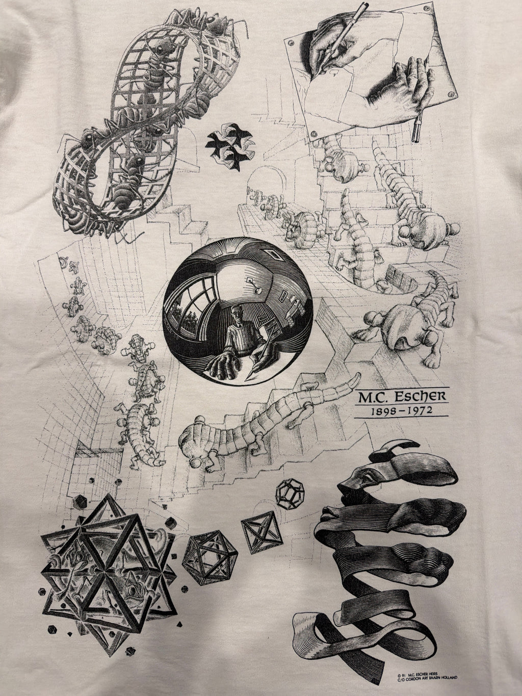 1991 MC Escher Art Vintage T-Shirt White Large Long Sleeve M.C.