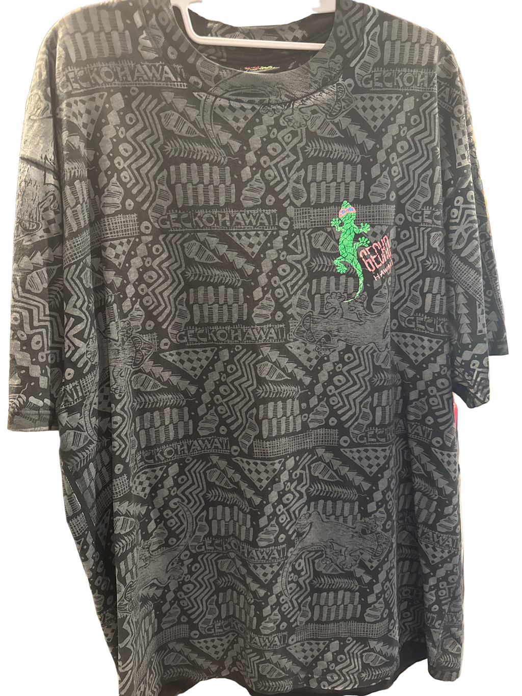 90s Gecko Hawaii AOP Black Grey XL T-Shirt Made in USA