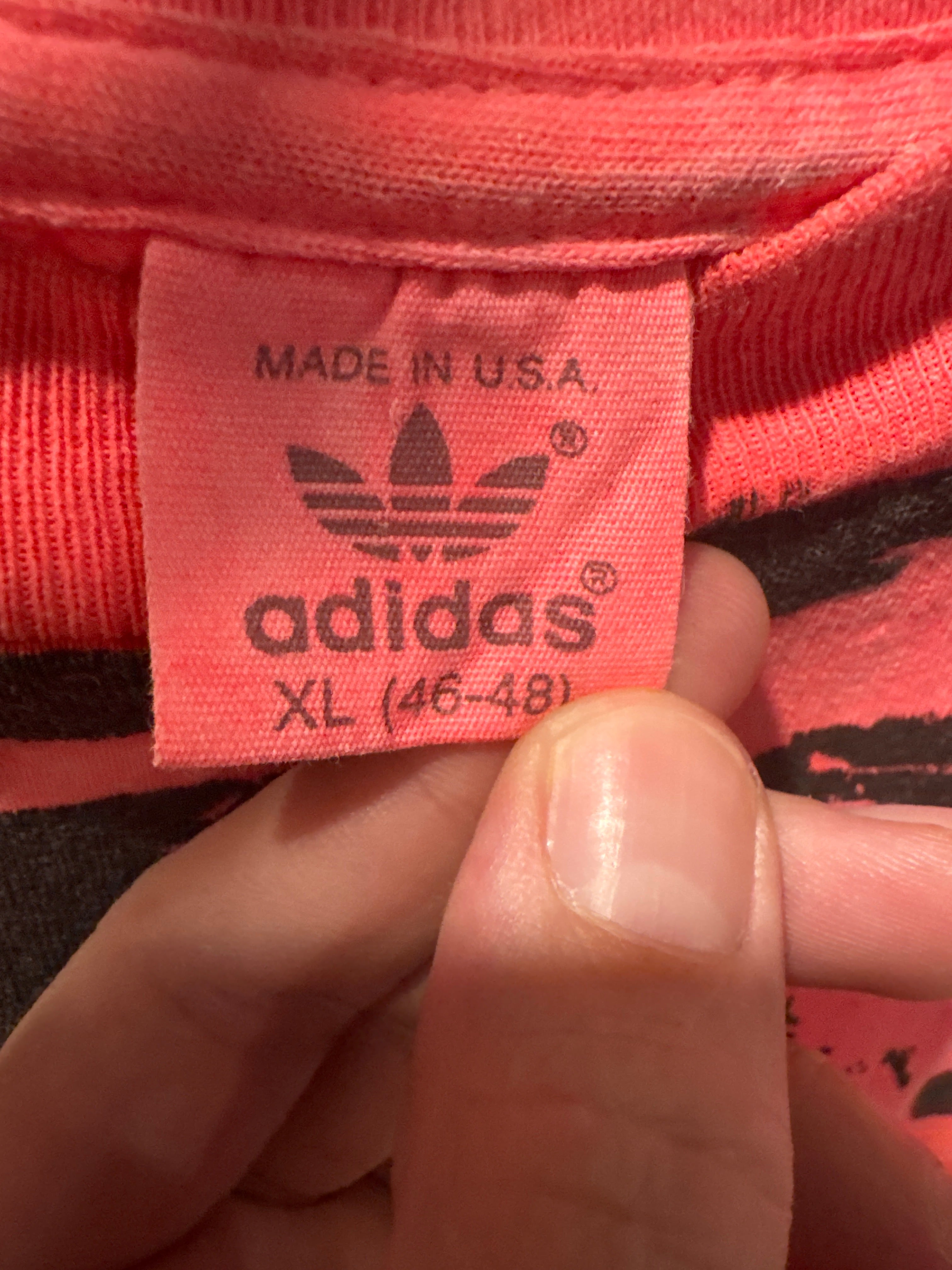 90s Adidas AOP Pink/Blue Single Stitch Made In USA T-SHIRT XL