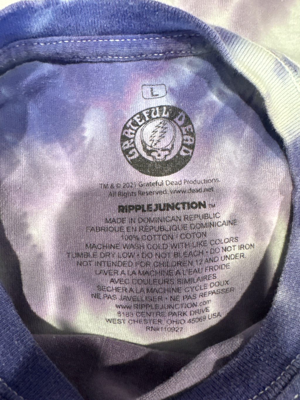 Grateful Dead Ripple Junction Purple Tie Dye Bear T-Shirt Large