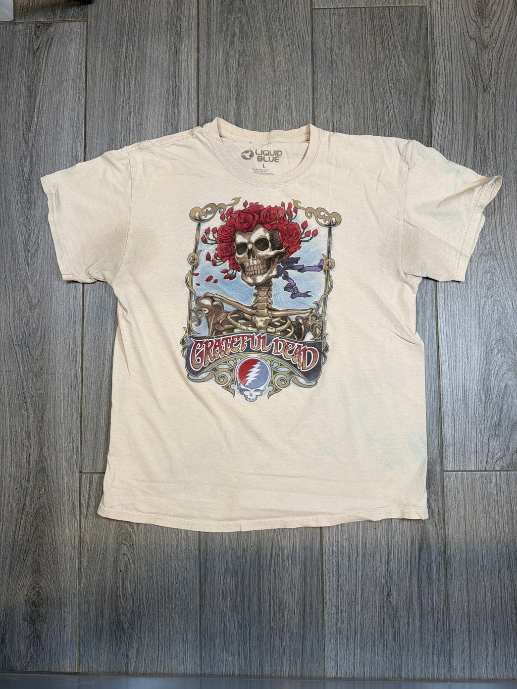 00s Grateful Dead Skeleton Liquid Blue Print Tag White T-Shirt Large