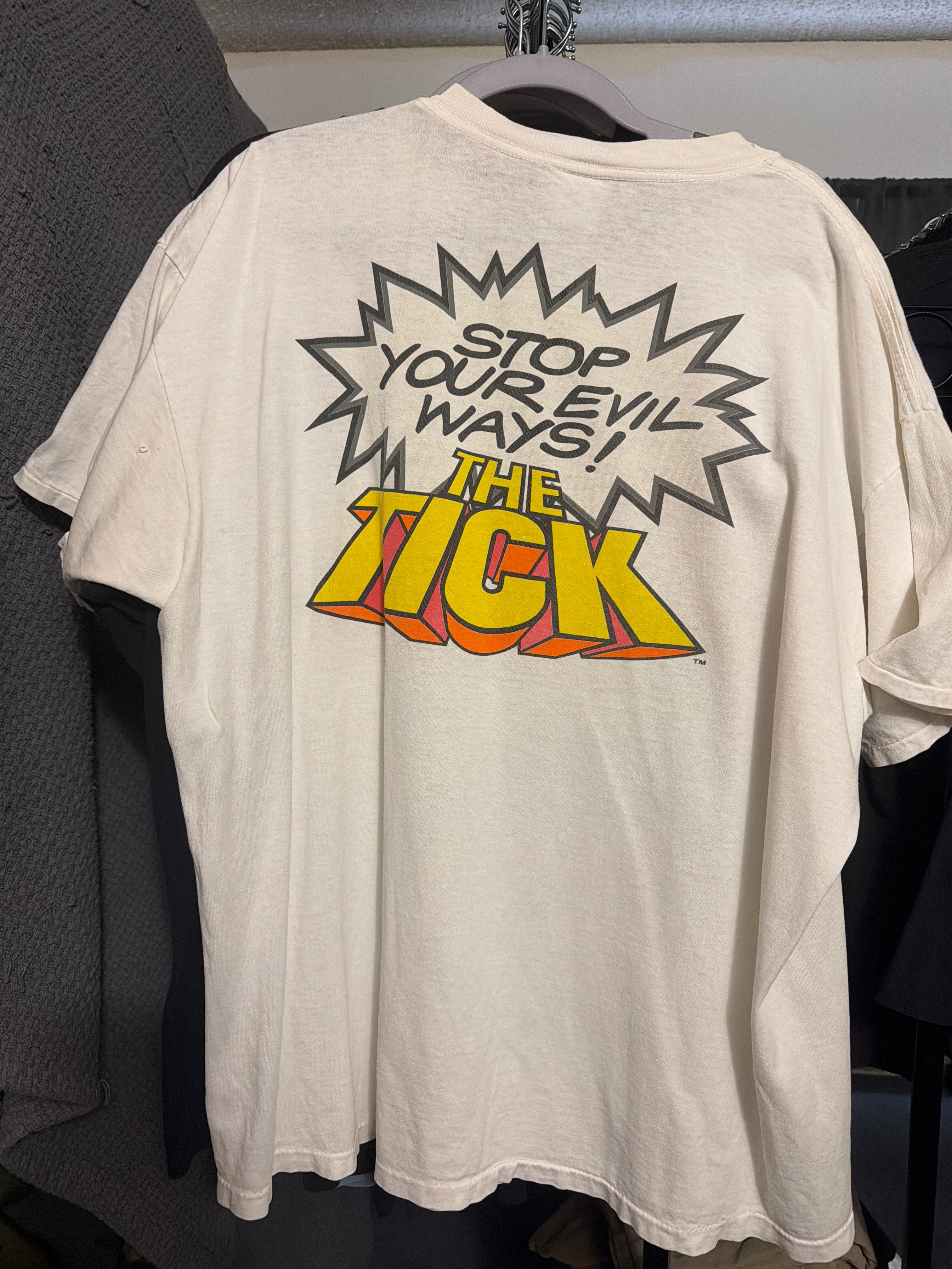 1994 The Tick Stop Your Evil Ways XL White T Shirt Double Sided