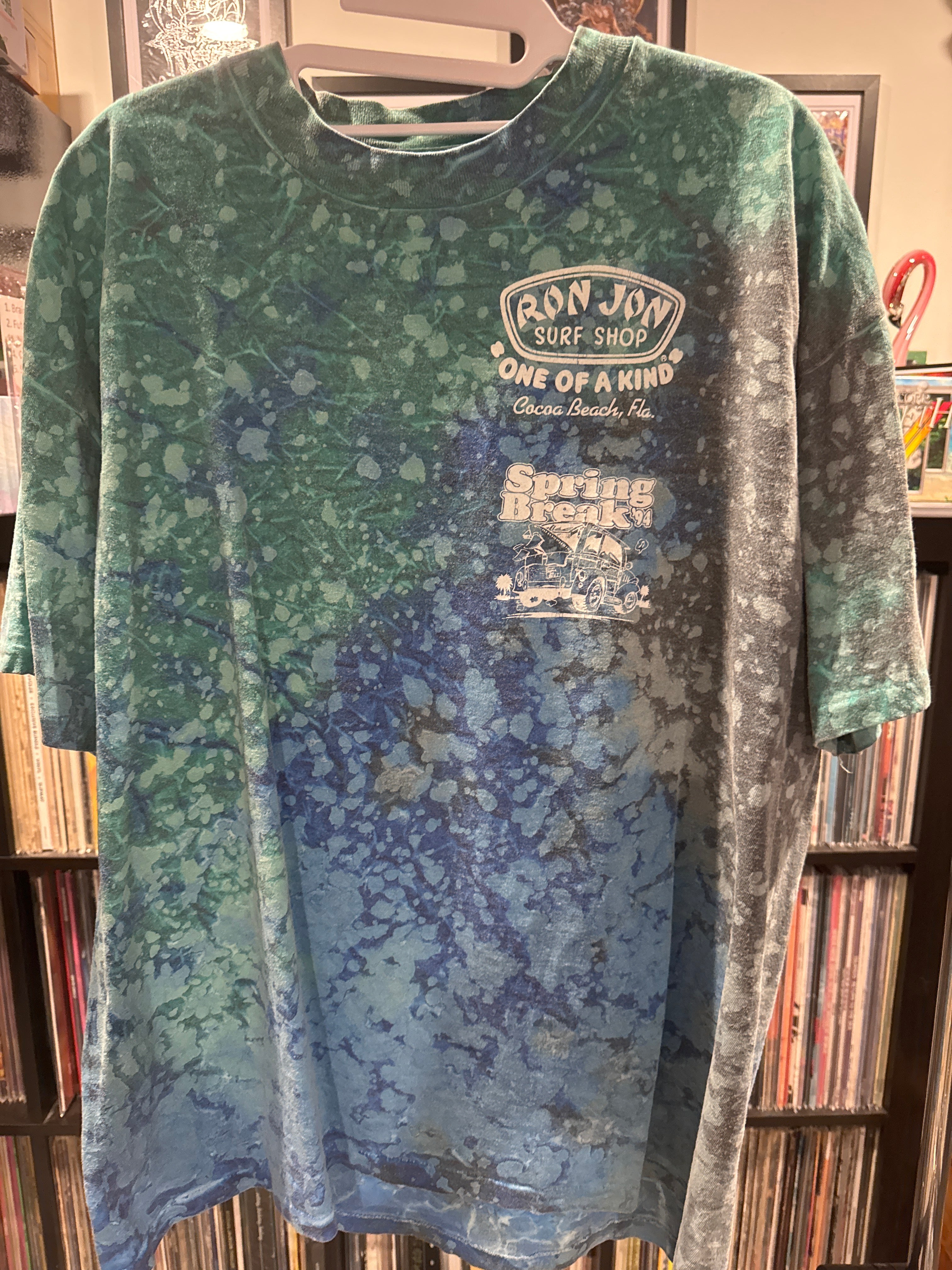 1993/4 Ron Jon Surf Spring Break Splatter Tie Dye Green Blue XL Oneita Comedy