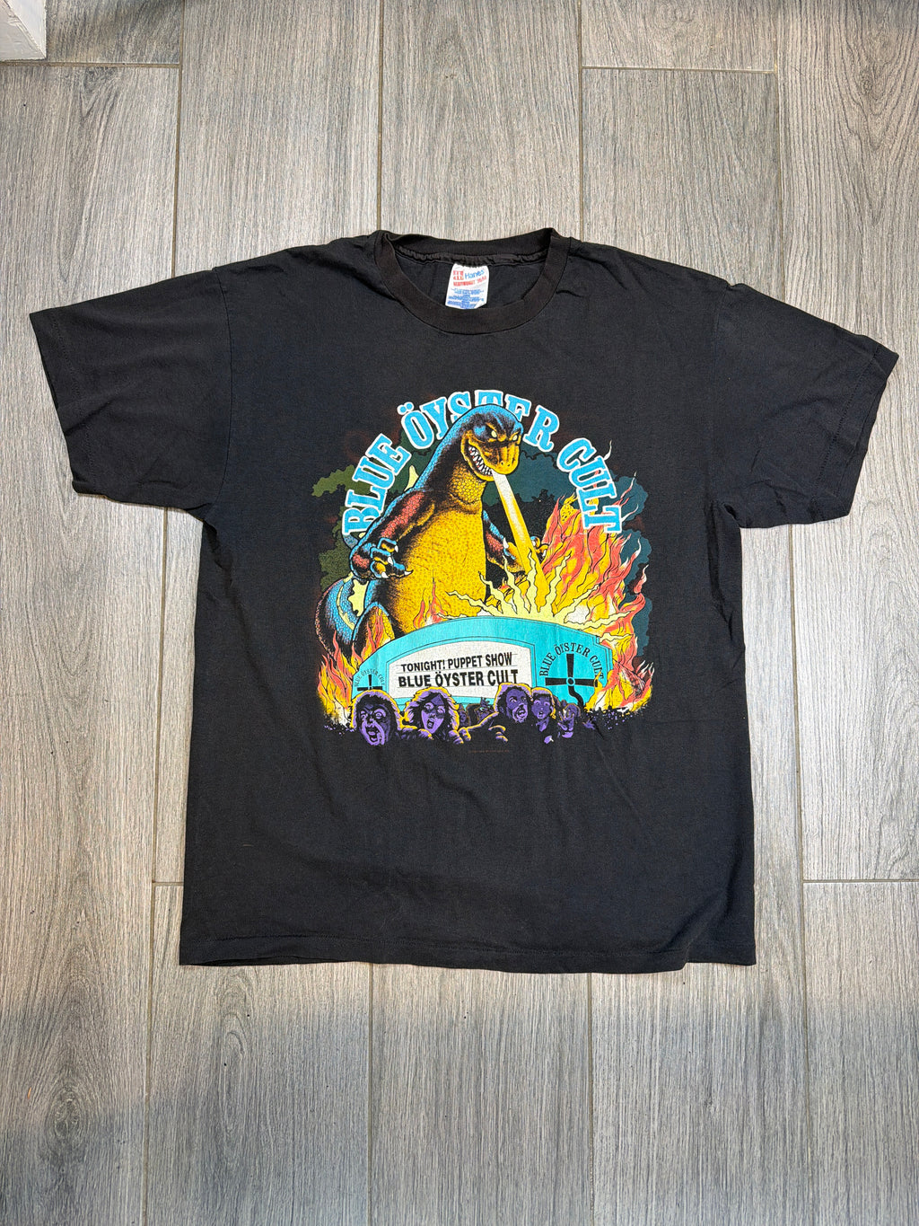 90s Blue Oyster Cult Godzilla Shirt Double Sided Black T-Shirt Large