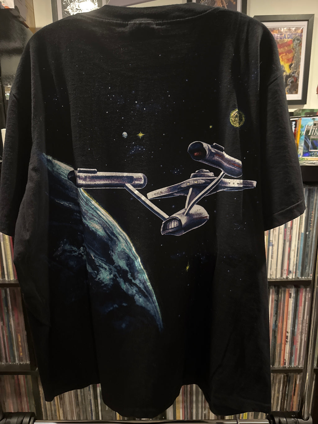 1991 Star Trek Space AOP Black T-Shirt XL Single Stitch Changes