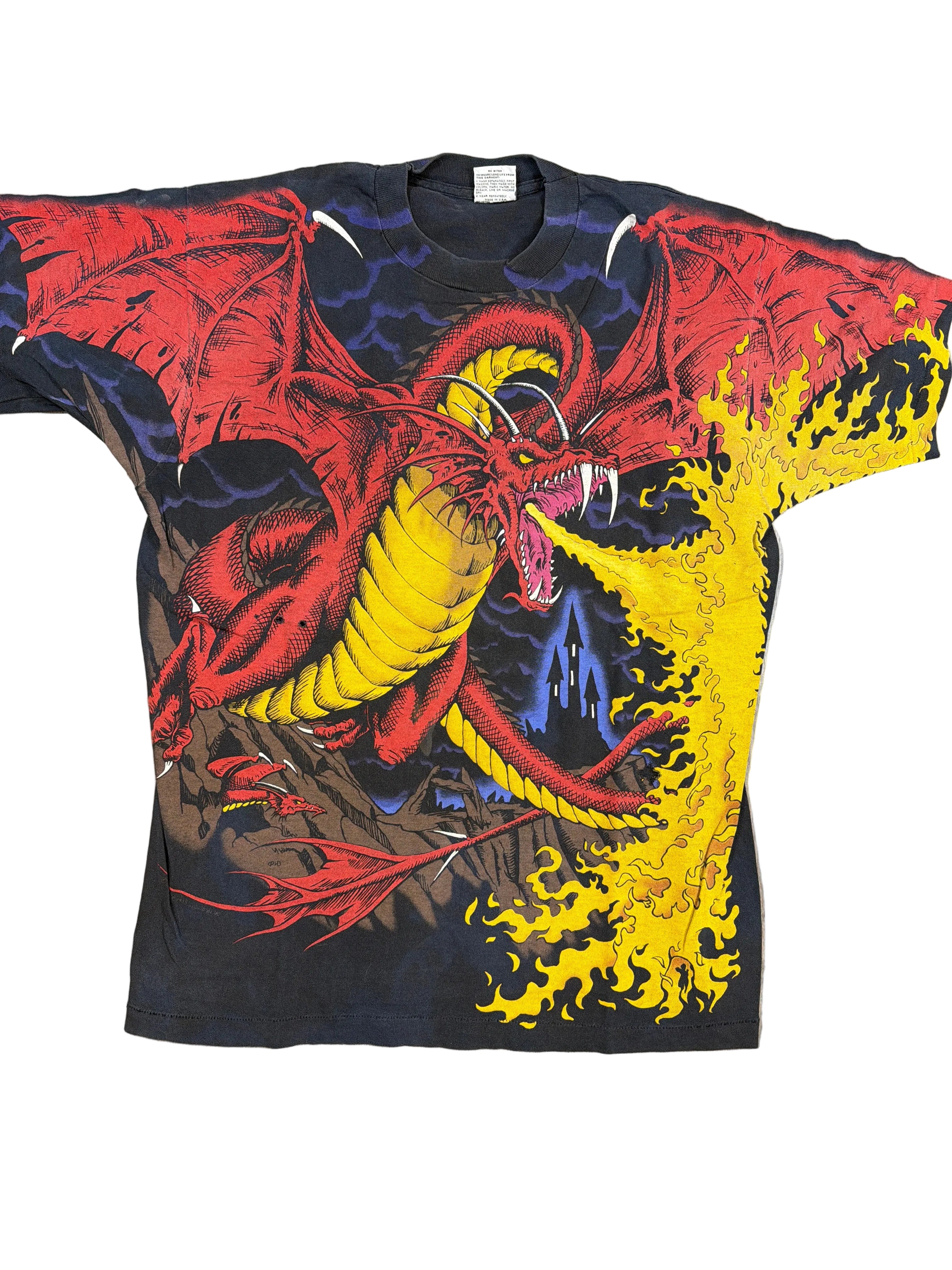 90s Liquid Blue Dragon AOP Black T-Shirt XL