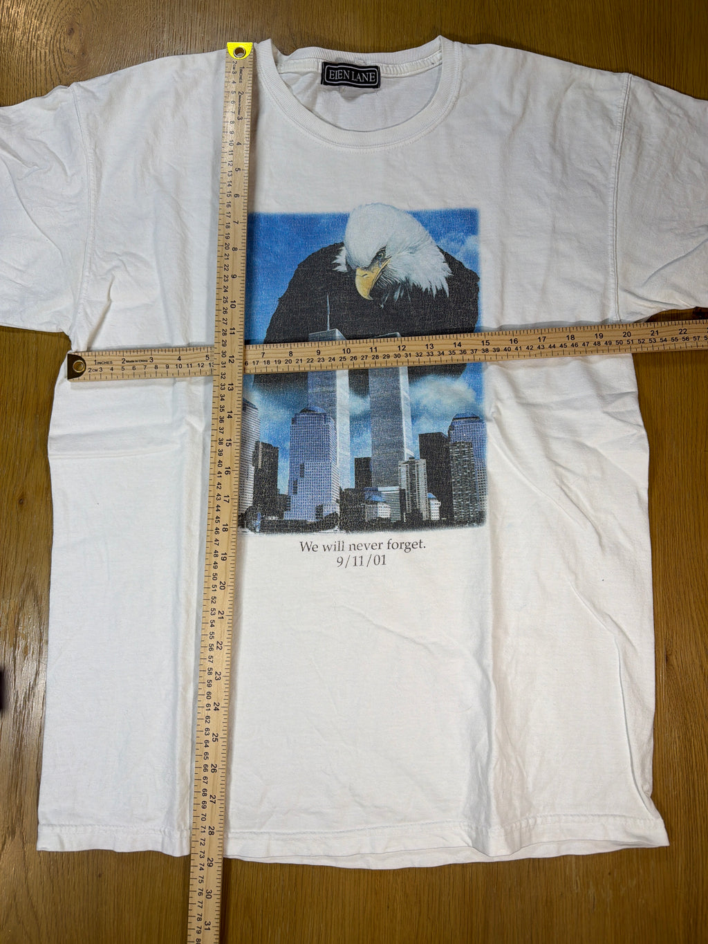 September 11 Won't Forget Vintage Memorial White T-Shirt Large
