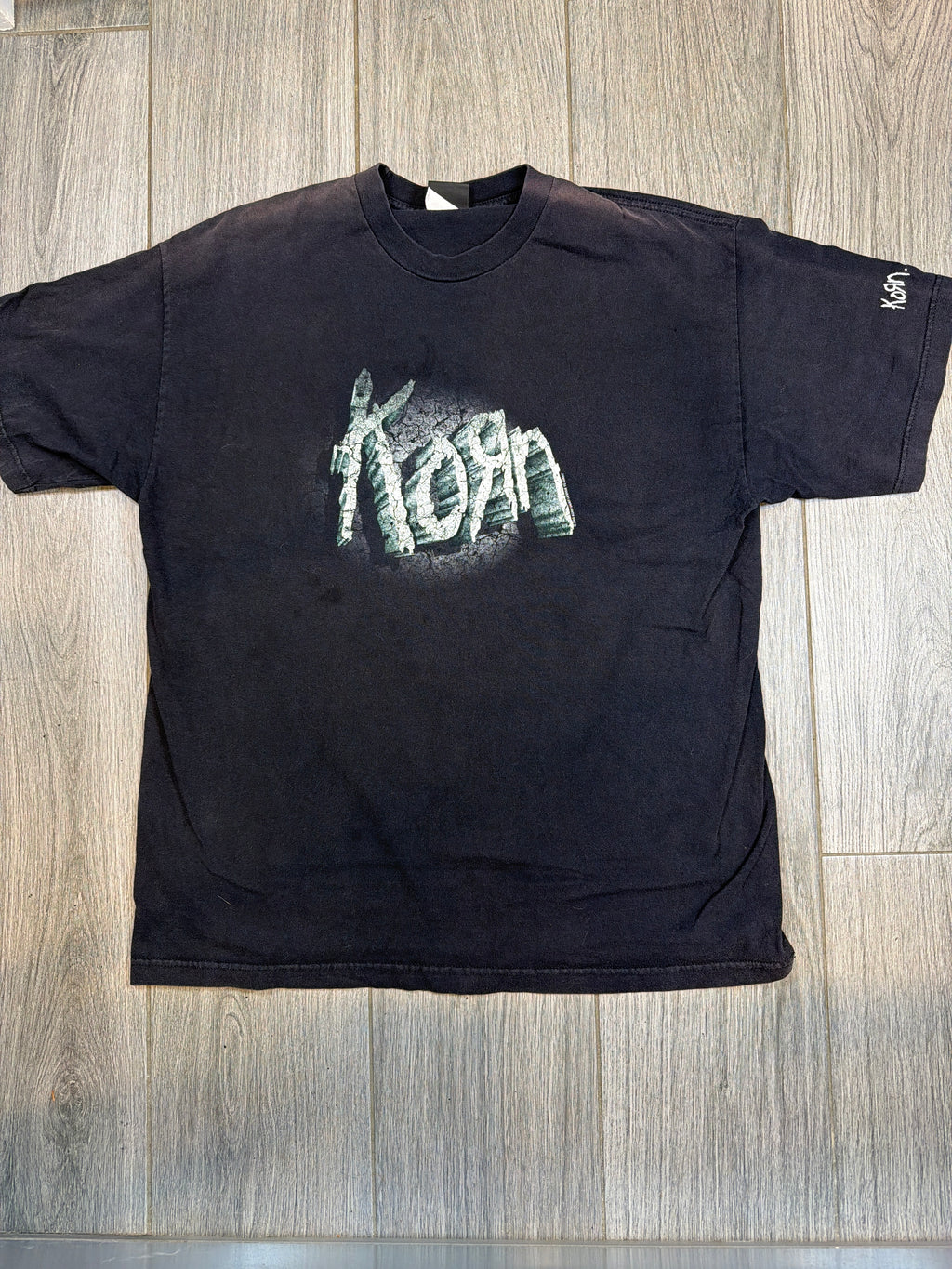 2000 y2k Korn Spellout Black Sleeve Print Giant Rare Vintage T-Shirt XL