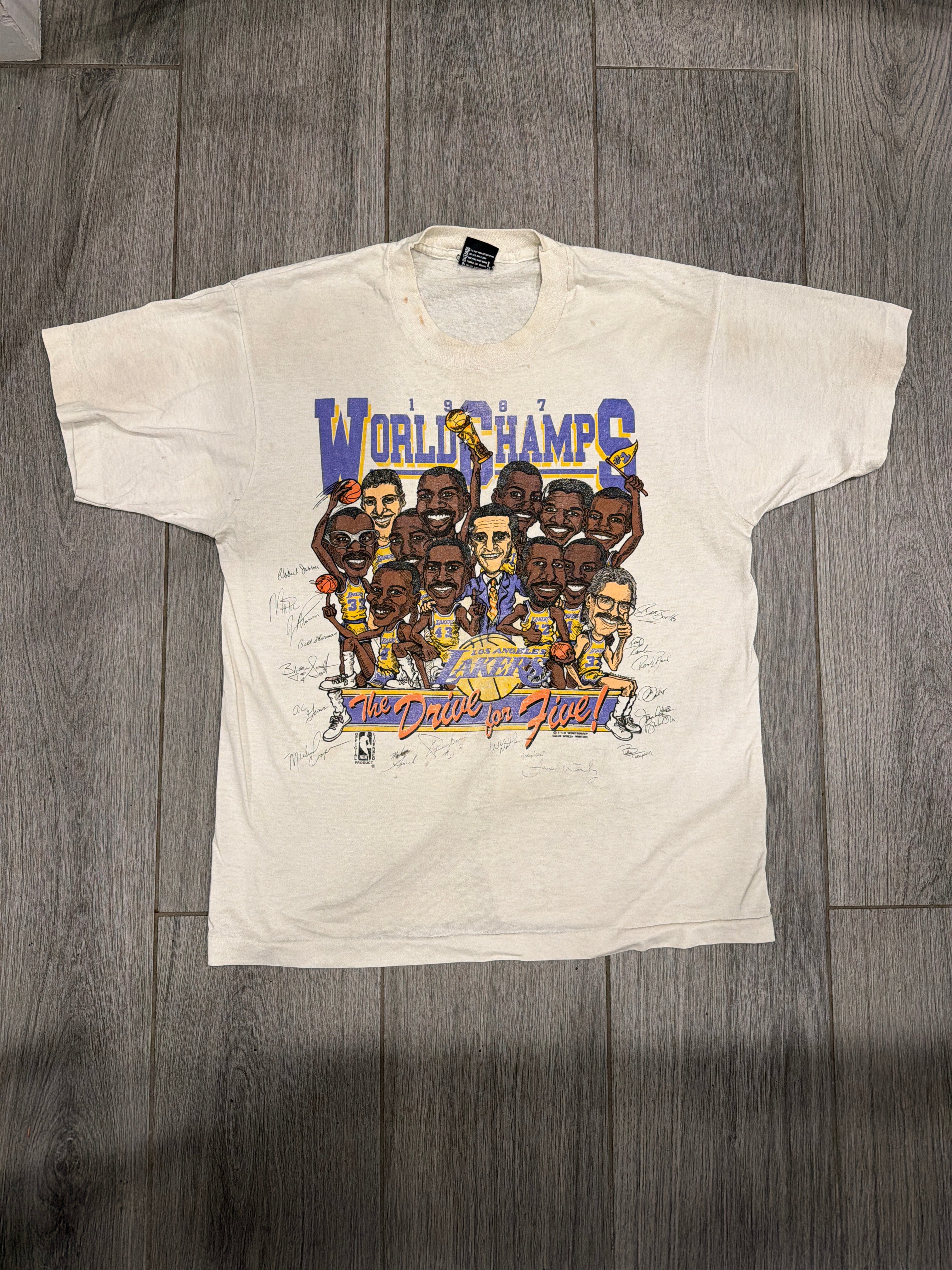 1987 Lakers World Champs Sports weißes Screen Stars T-Shirt Large